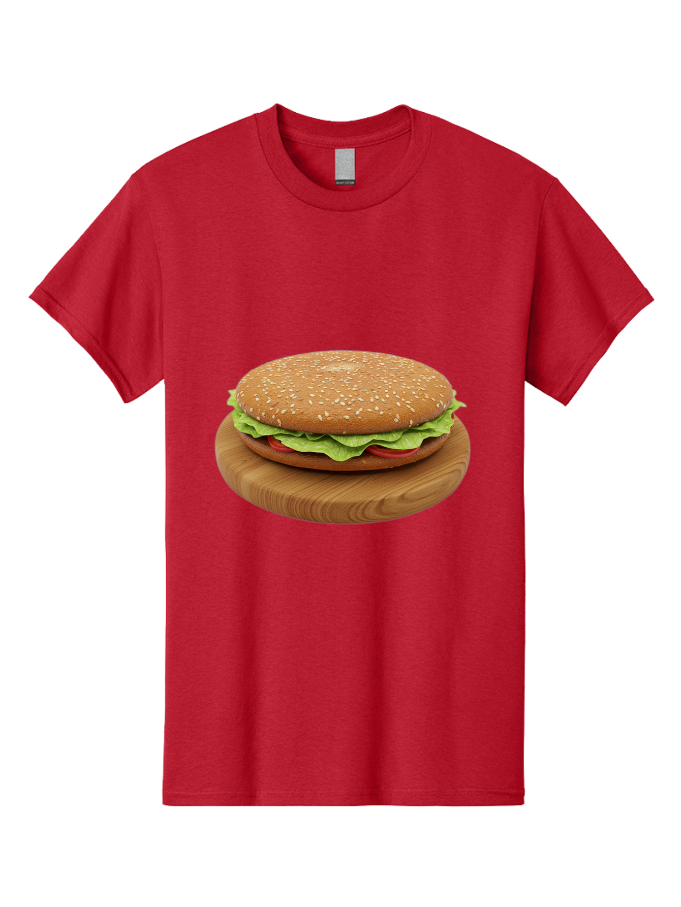 Burger-On-Chopping-Board Men'S Graphic Tee, 100% Cotton, Comfortable Casual Summer Wear, Machine Washable, Sesame Seed Bun, Lettuce, Tomato, Wooden Board, Gourmet Food, Meal Presentation, Appetizing Burger, Fast Food Bac720