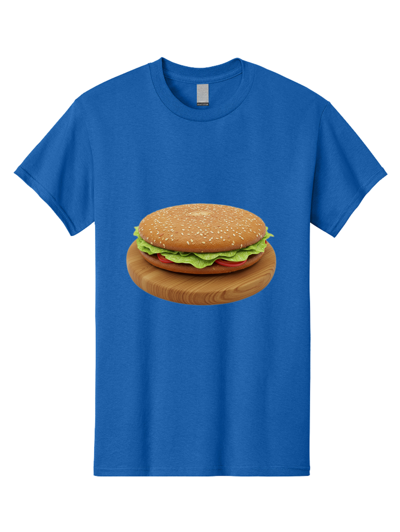 Burger-On-Chopping-Board Men'S Graphic Tee, 100% Cotton, Comfortable Casual Summer Wear, Machine Washable, Sesame Seed Bun, Lettuce, Tomato, Wooden Board, Gourmet Food, Meal Presentation, Appetizing Burger, Fast Food Bac720