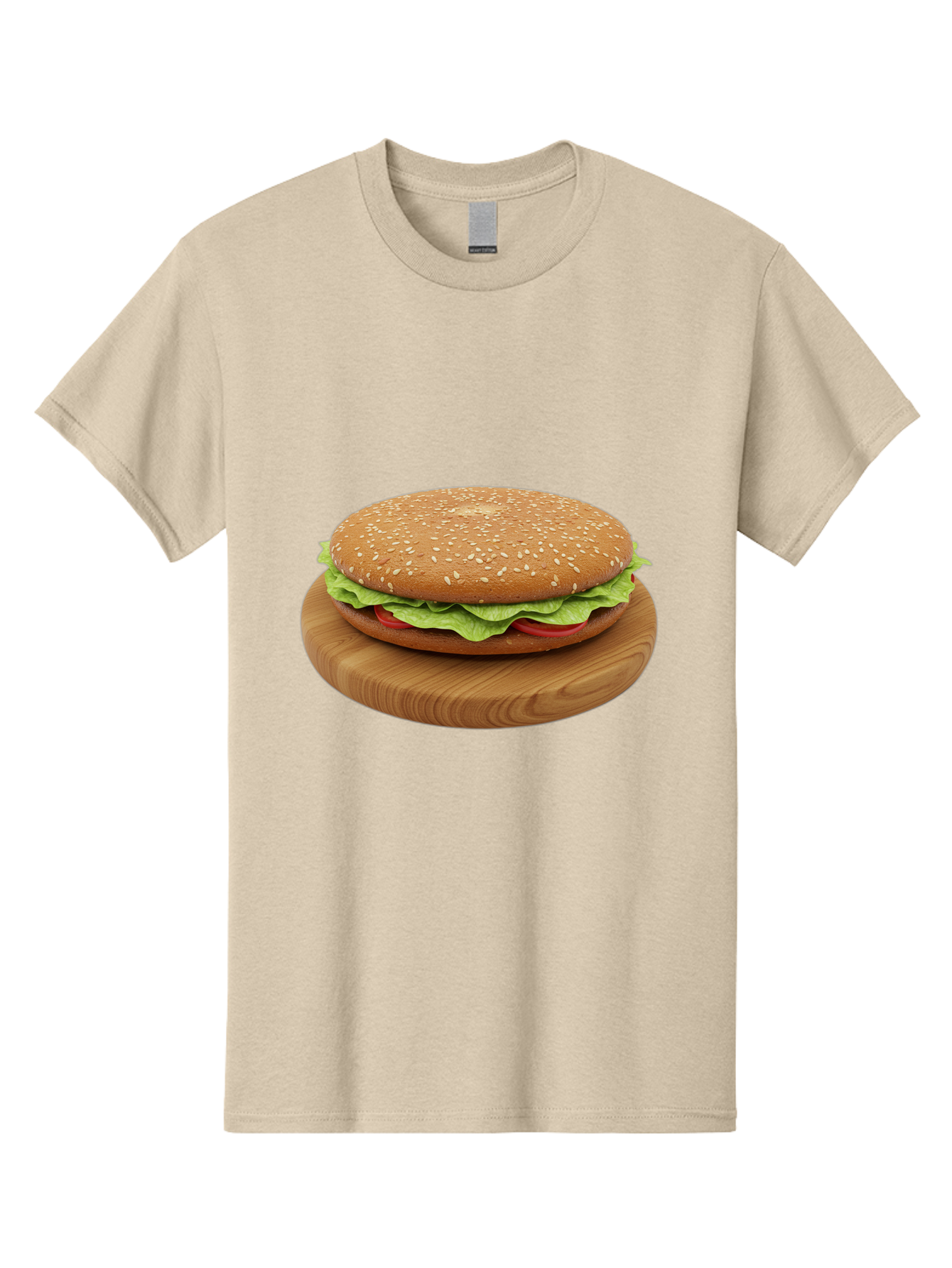 Burger-On-Chopping-Board Men'S Graphic Tee, 100% Cotton, Comfortable Casual Summer Wear, Machine Washable, Sesame Seed Bun, Lettuce, Tomato, Wooden Board, Gourmet Food, Meal Presentation, Appetizing Burger, Fast Food Bac720