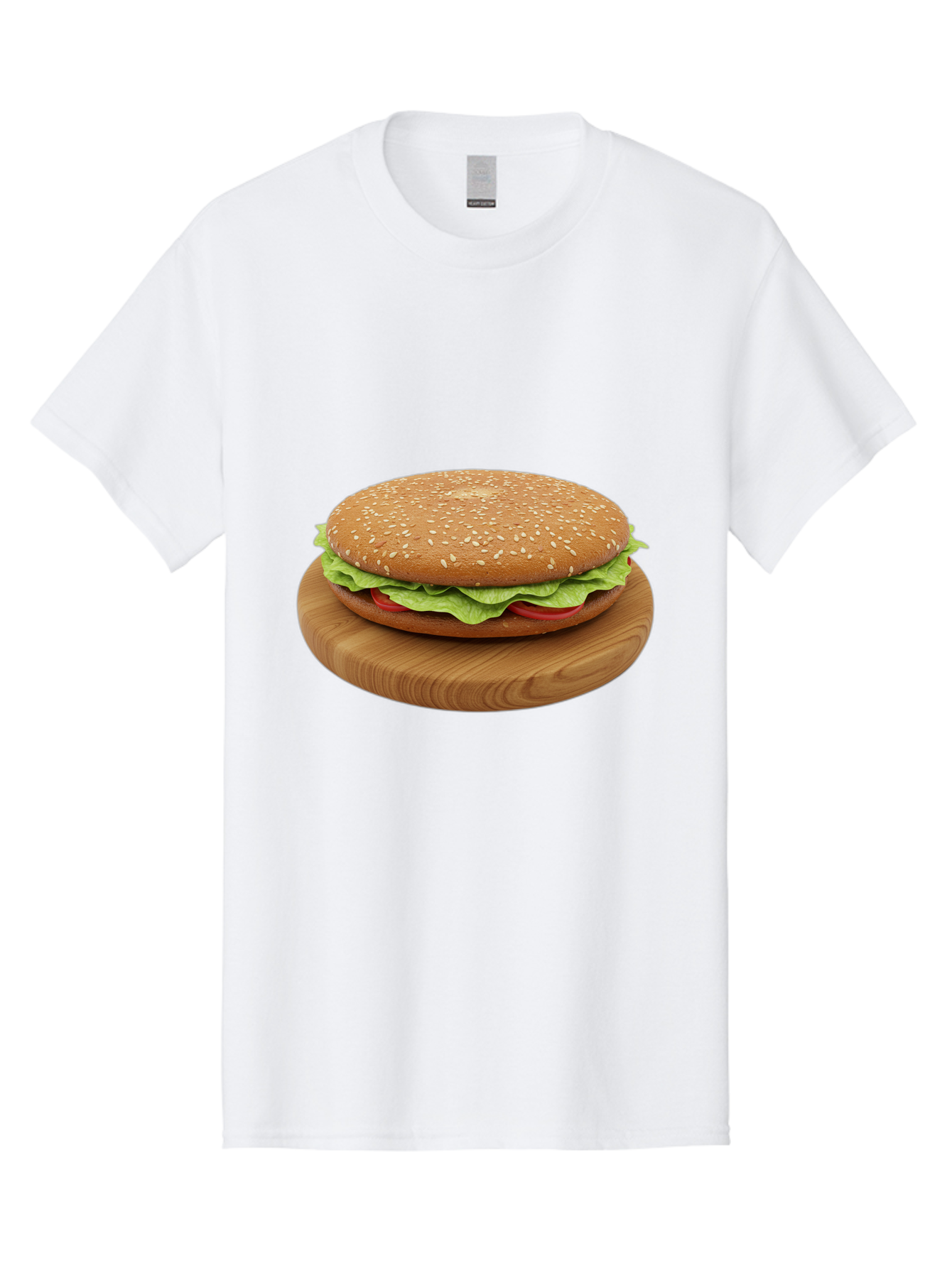 Burger-On-Chopping-Board Men'S Graphic Tee, 100% Cotton, Comfortable Casual Summer Wear, Machine Washable, Sesame Seed Bun, Lettuce, Tomato, Wooden Board, Gourmet Food, Meal Presentation, Appetizing Burger, Fast Food Bac720