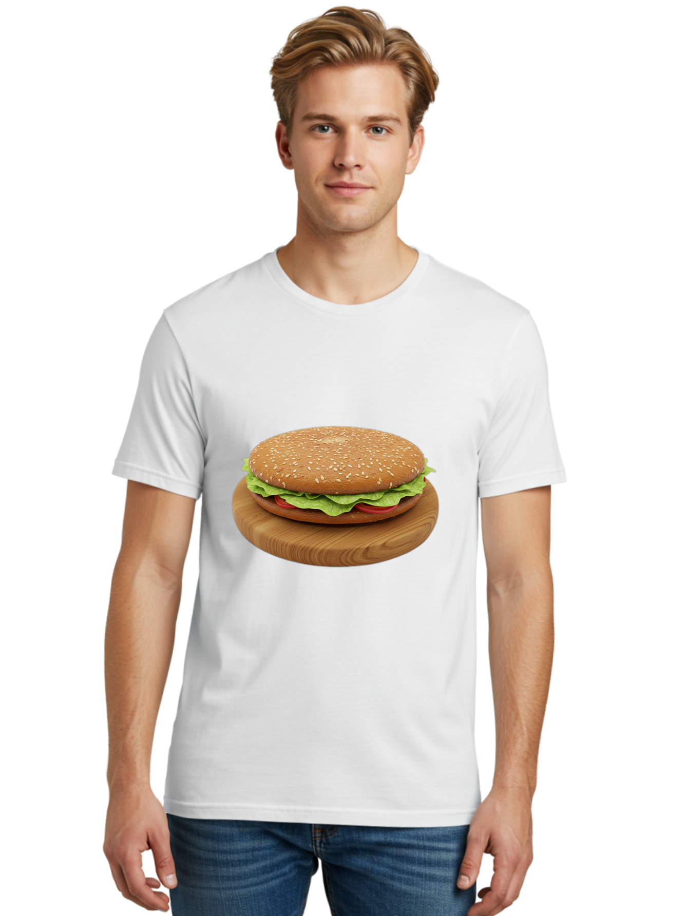 Burger-On-Chopping-Board Men'S Graphic Tee, 100% Cotton, Comfortable Casual Summer Wear, Machine Washable, Sesame Seed Bun, Lettuce, Tomato, Wooden Board, Gourmet Food, Meal Presentation, Appetizing Burger, Fast Food Bac720