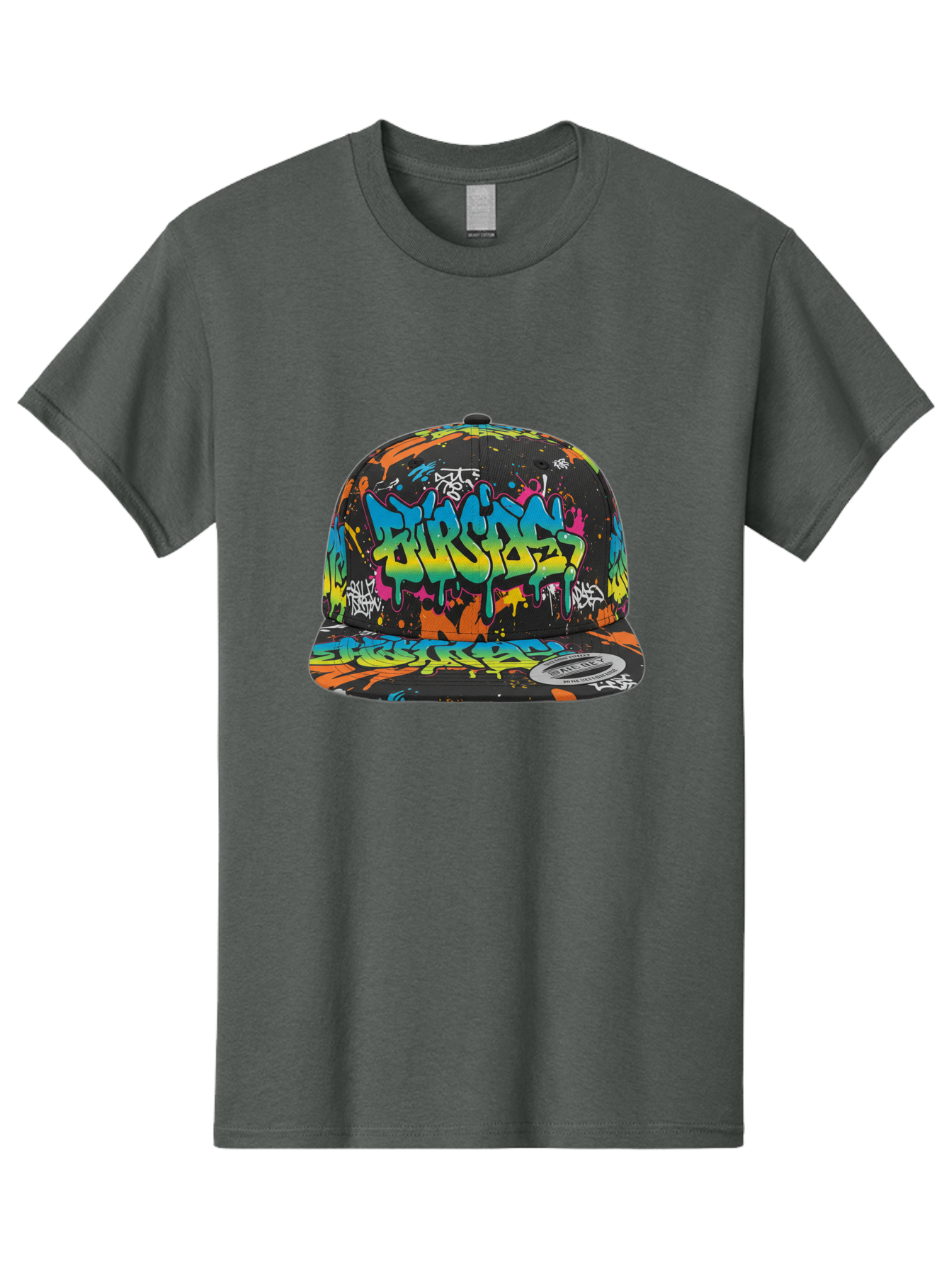 Burstin-Hustle Men'S Graphic Tee, 100% Cotton, Comfortable Casual Summer Wear, Machine Washable, Graffiti Hat, Streetwear Fashion, Urban Style, Colorful Cap, Bold Design, Vibrant Print, Trendy Headwear, Burstin, Splatter Art, Bac721