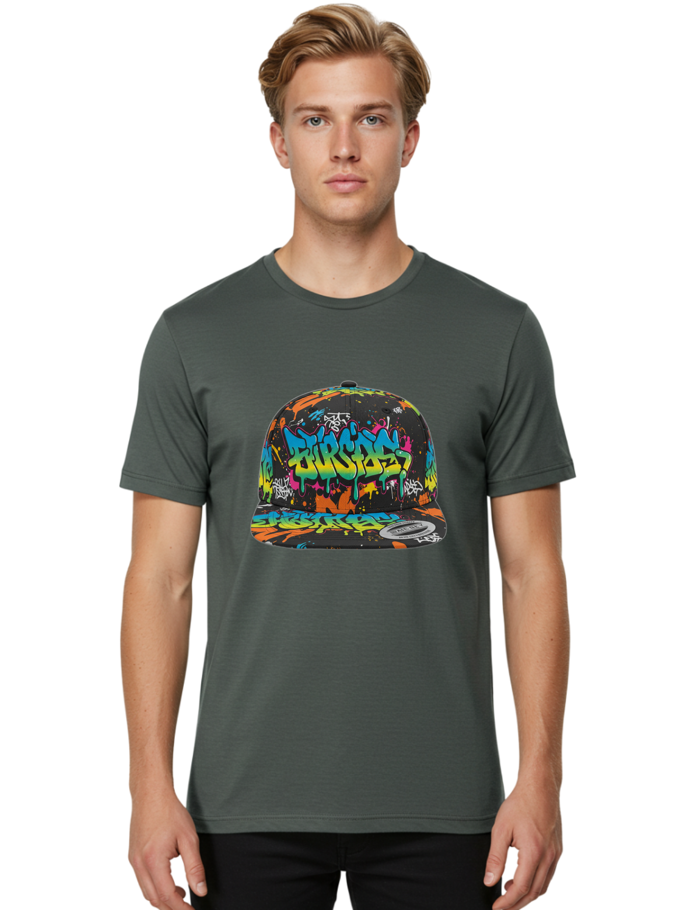 Burstin-Hustle Men'S Graphic Tee, 100% Cotton, Comfortable Casual Summer Wear, Machine Washable, Graffiti Hat, Streetwear Fashion, Urban Style, Colorful Cap, Bold Design, Vibrant Print, Trendy Headwear, Burstin, Splatter Art, Bac721