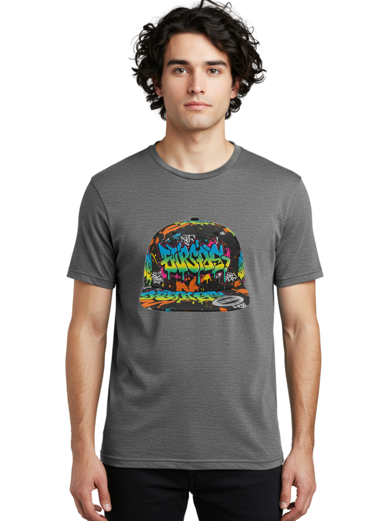 Burstin-Hustle Men'S Graphic Tee, 100% Cotton, Comfortable Casual Summer Wear, Machine Washable, Graffiti Hat, Streetwear Fashion, Urban Style, Colorful Cap, Bold Design, Vibrant Print, Trendy Headwear, Burstin, Splatter Art, Bac721