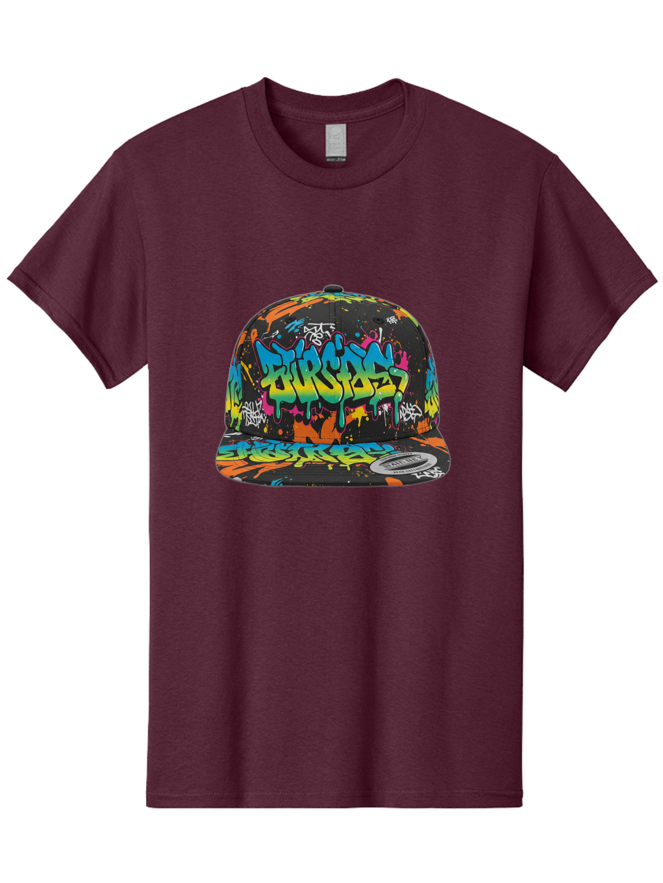 Burstin-Hustle Men'S Graphic Tee, 100% Cotton, Comfortable Casual Summer Wear, Machine Washable, Graffiti Hat, Streetwear Fashion, Urban Style, Colorful Cap, Bold Design, Vibrant Print, Trendy Headwear, Burstin, Splatter Art, Bac721