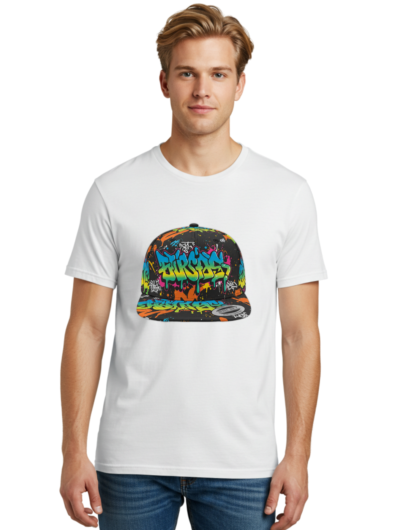 Burstin-Hustle Men'S Graphic Tee, 100% Cotton, Comfortable Casual Summer Wear, Machine Washable, Graffiti Hat, Streetwear Fashion, Urban Style, Colorful Cap, Bold Design, Vibrant Print, Trendy Headwear, Burstin, Splatter Art, Bac721