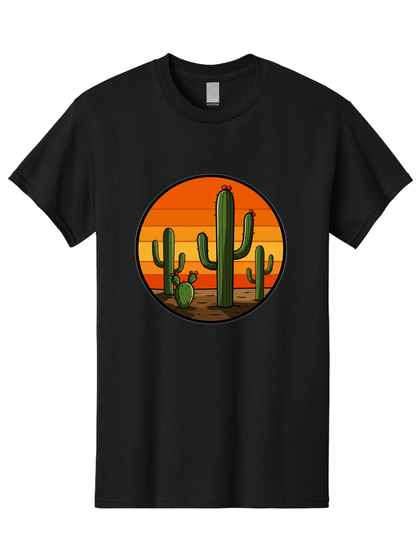 Cacti-Sunset Men'S Graphic Tee, 100% Cotton, Comfortable Casual Summer Wear, Machine Washable, Desert Landscape, Cacti, Sunset, Orange Gradient, Cartoon Style, Arid Environment, Dry Terrain, Western Scenery, Prickly Plants, Vibrant Colors Bac722