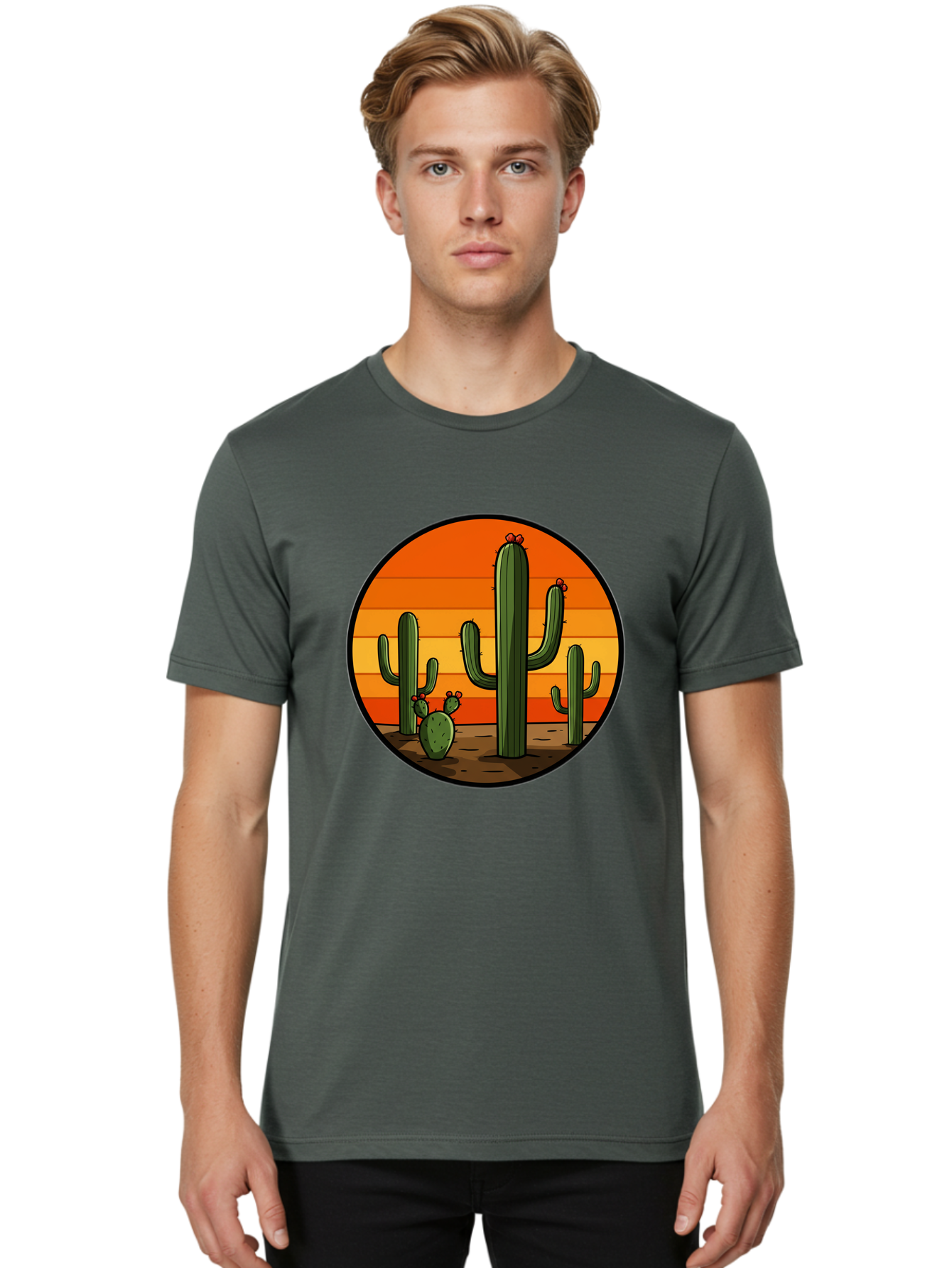 Cacti-Sunset Men'S Graphic Tee, 100% Cotton, Comfortable Casual Summer Wear, Machine Washable, Desert Landscape, Cacti, Sunset, Orange Gradient, Cartoon Style, Arid Environment, Dry Terrain, Western Scenery, Prickly Plants, Vibrant Colors Bac722