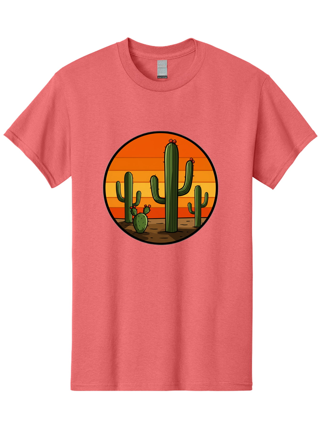 Cacti-Sunset Men'S Graphic Tee, 100% Cotton, Comfortable Casual Summer Wear, Machine Washable, Desert Landscape, Cacti, Sunset, Orange Gradient, Cartoon Style, Arid Environment, Dry Terrain, Western Scenery, Prickly Plants, Vibrant Colors Bac722
