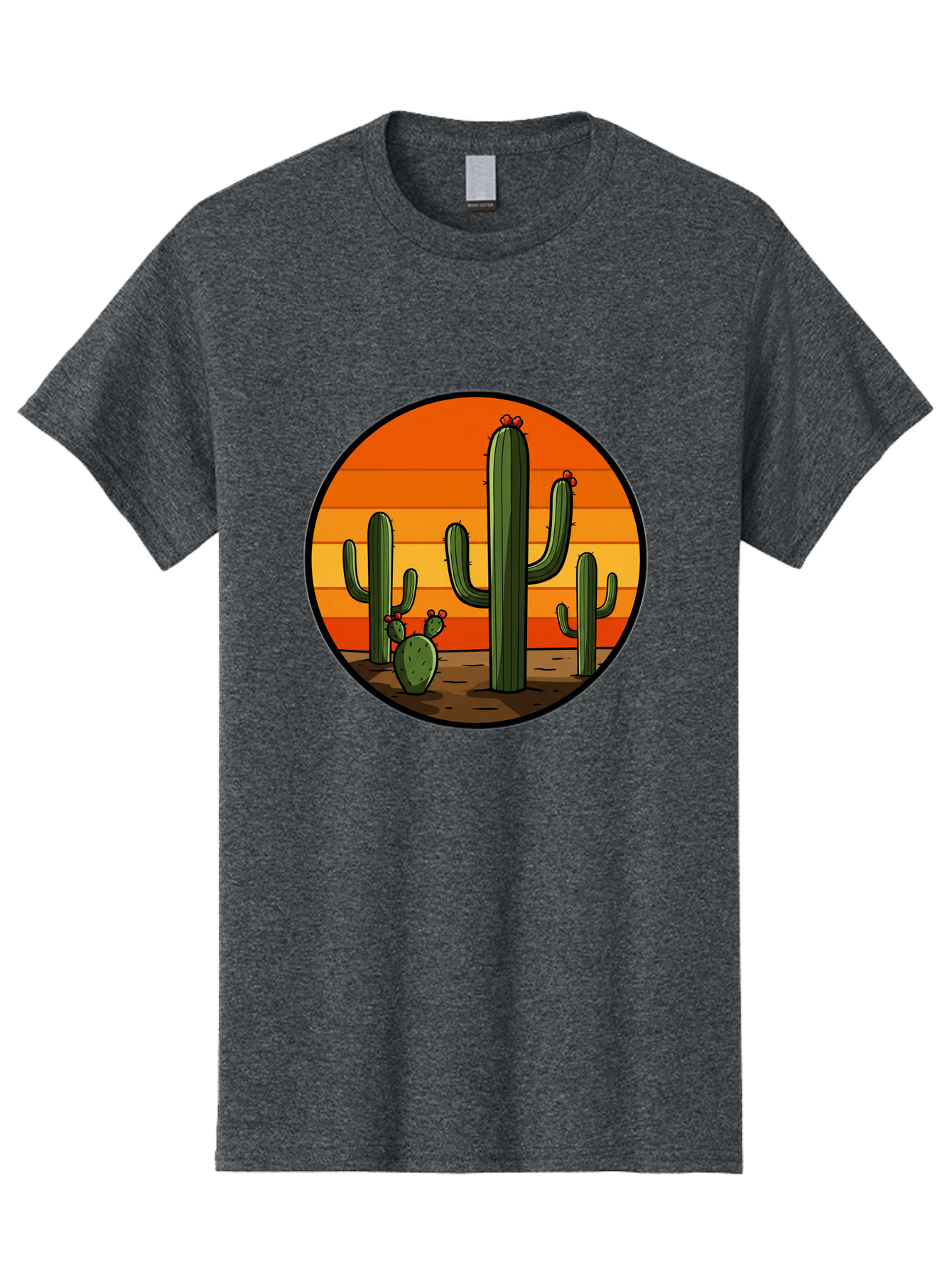 Cacti-Sunset Men'S Graphic Tee, 100% Cotton, Comfortable Casual Summer Wear, Machine Washable, Desert Landscape, Cacti, Sunset, Orange Gradient, Cartoon Style, Arid Environment, Dry Terrain, Western Scenery, Prickly Plants, Vibrant Colors Bac722