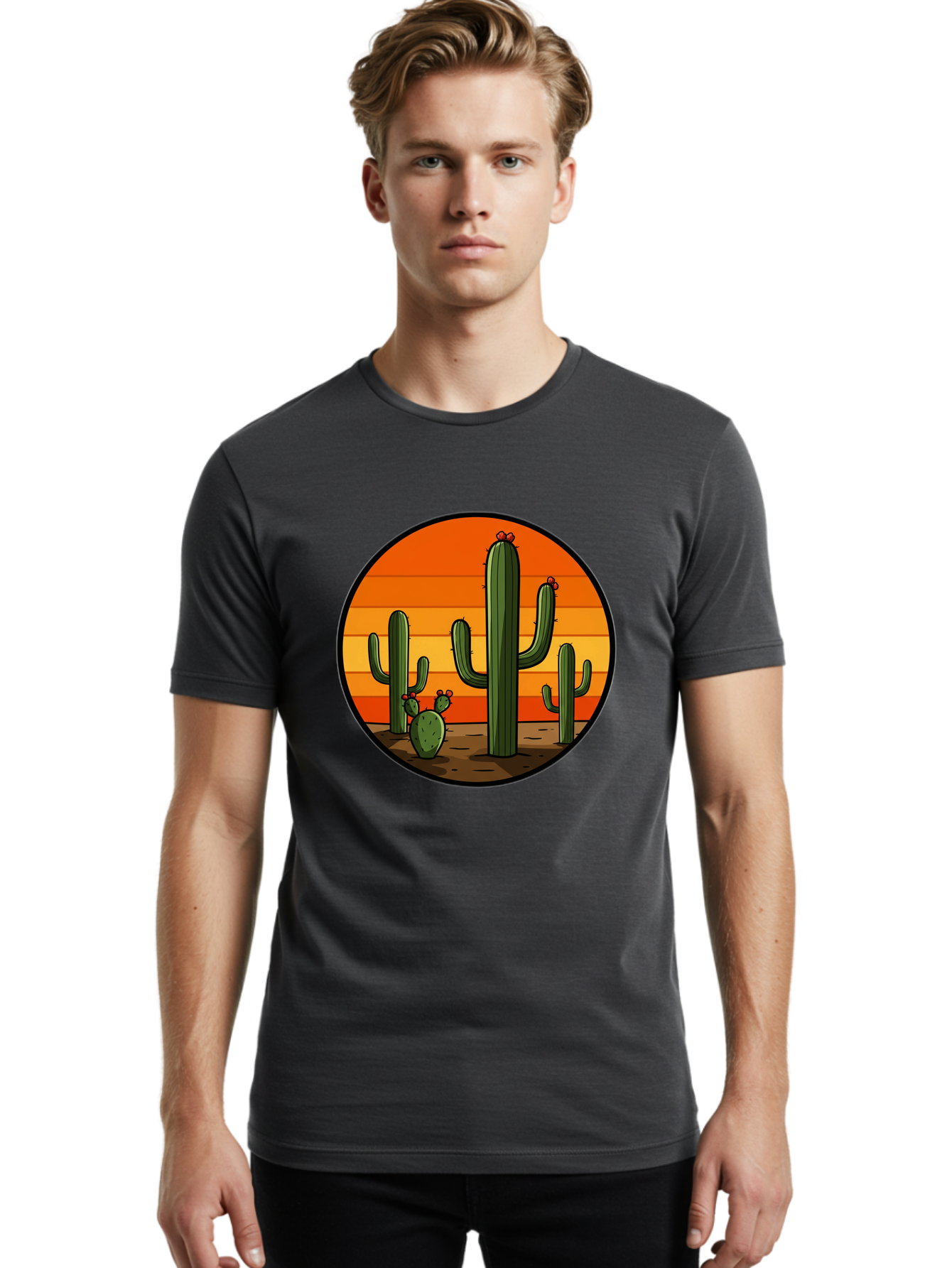 Cacti-Sunset Men'S Graphic Tee, 100% Cotton, Comfortable Casual Summer Wear, Machine Washable, Desert Landscape, Cacti, Sunset, Orange Gradient, Cartoon Style, Arid Environment, Dry Terrain, Western Scenery, Prickly Plants, Vibrant Colors Bac722