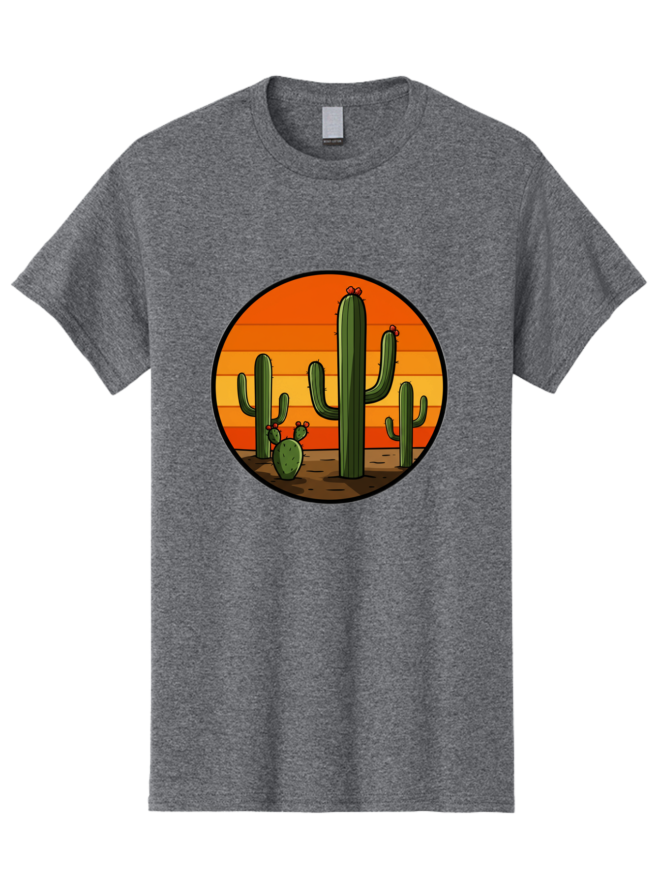 Cacti-Sunset Men'S Graphic Tee, 100% Cotton, Comfortable Casual Summer Wear, Machine Washable, Desert Landscape, Cacti, Sunset, Orange Gradient, Cartoon Style, Arid Environment, Dry Terrain, Western Scenery, Prickly Plants, Vibrant Colors Bac722