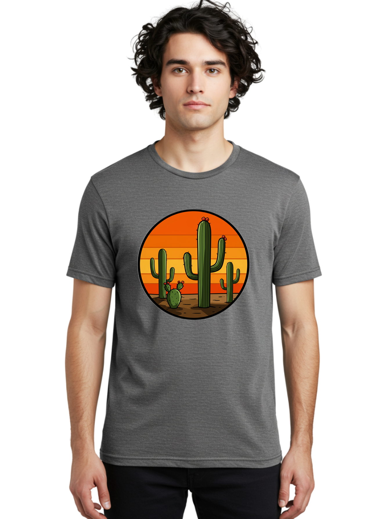Cacti-Sunset Men'S Graphic Tee, 100% Cotton, Comfortable Casual Summer Wear, Machine Washable, Desert Landscape, Cacti, Sunset, Orange Gradient, Cartoon Style, Arid Environment, Dry Terrain, Western Scenery, Prickly Plants, Vibrant Colors Bac722