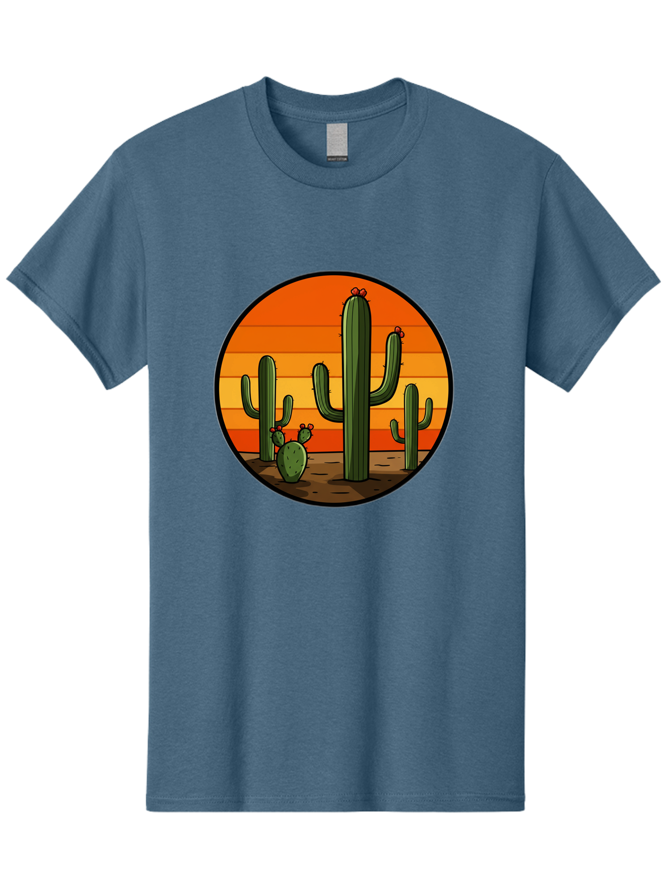 Cacti-Sunset Men'S Graphic Tee, 100% Cotton, Comfortable Casual Summer Wear, Machine Washable, Desert Landscape, Cacti, Sunset, Orange Gradient, Cartoon Style, Arid Environment, Dry Terrain, Western Scenery, Prickly Plants, Vibrant Colors Bac722