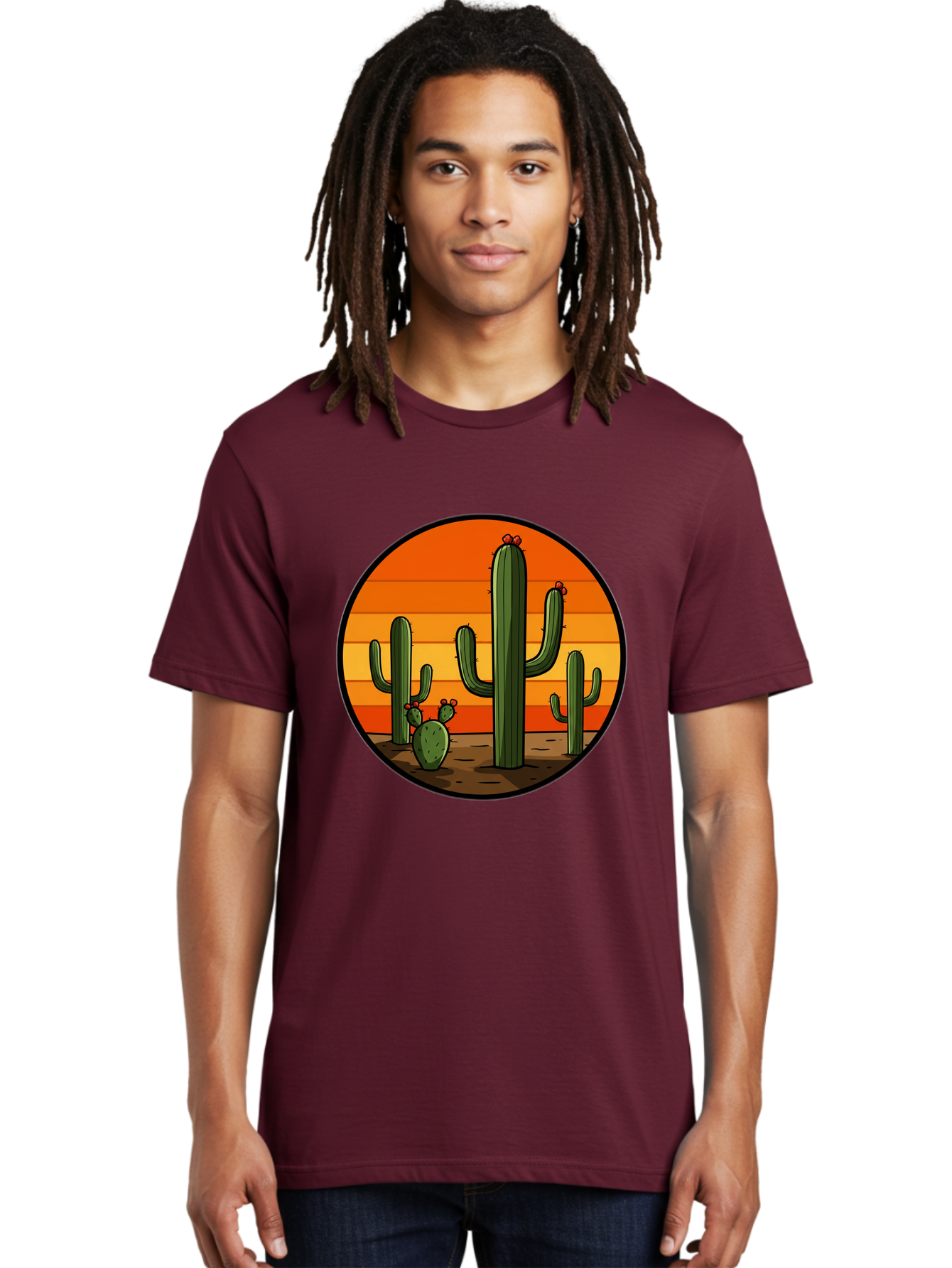 Cacti-Sunset Men'S Graphic Tee, 100% Cotton, Comfortable Casual Summer Wear, Machine Washable, Desert Landscape, Cacti, Sunset, Orange Gradient, Cartoon Style, Arid Environment, Dry Terrain, Western Scenery, Prickly Plants, Vibrant Colors Bac722