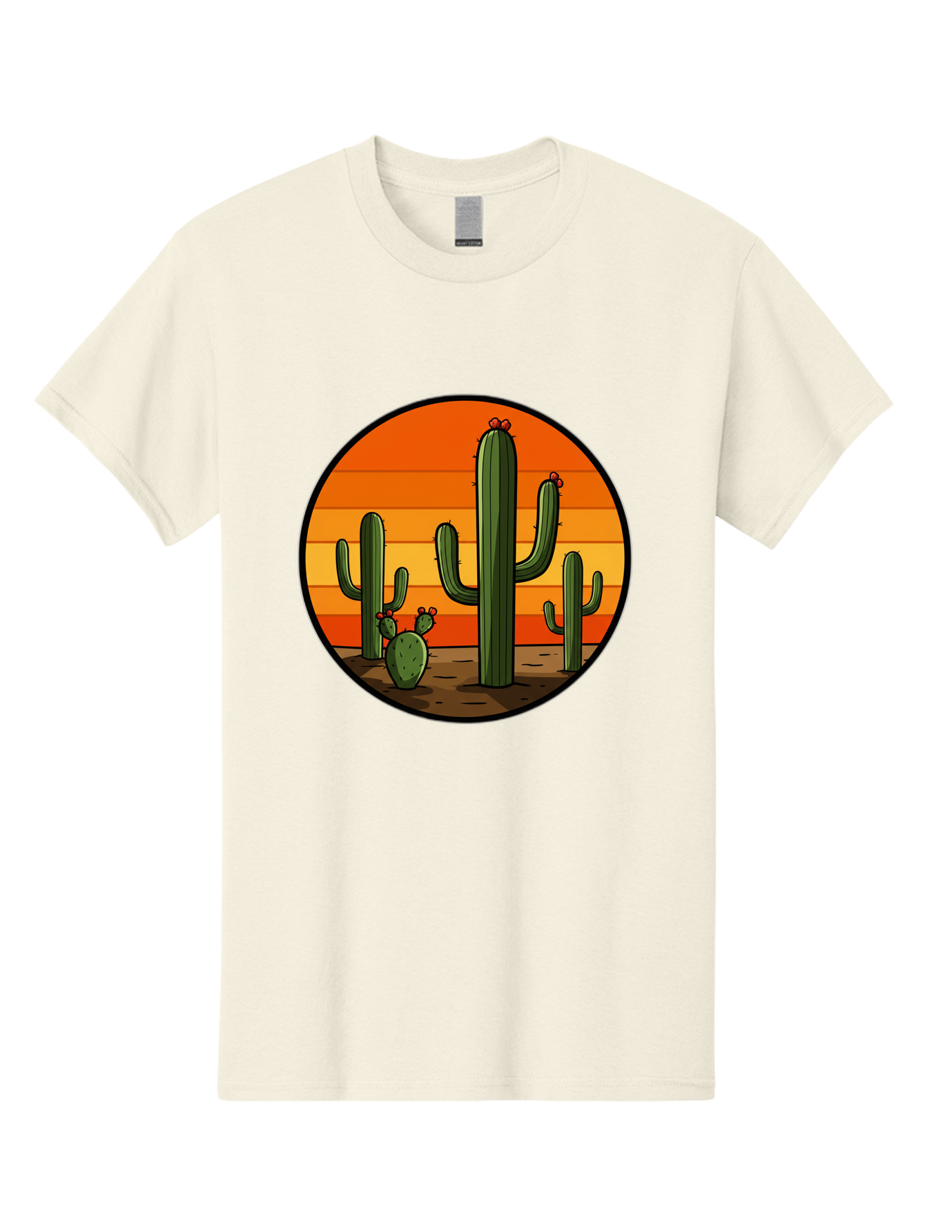 Cacti-Sunset Men'S Graphic Tee, 100% Cotton, Comfortable Casual Summer Wear, Machine Washable, Desert Landscape, Cacti, Sunset, Orange Gradient, Cartoon Style, Arid Environment, Dry Terrain, Western Scenery, Prickly Plants, Vibrant Colors Bac722