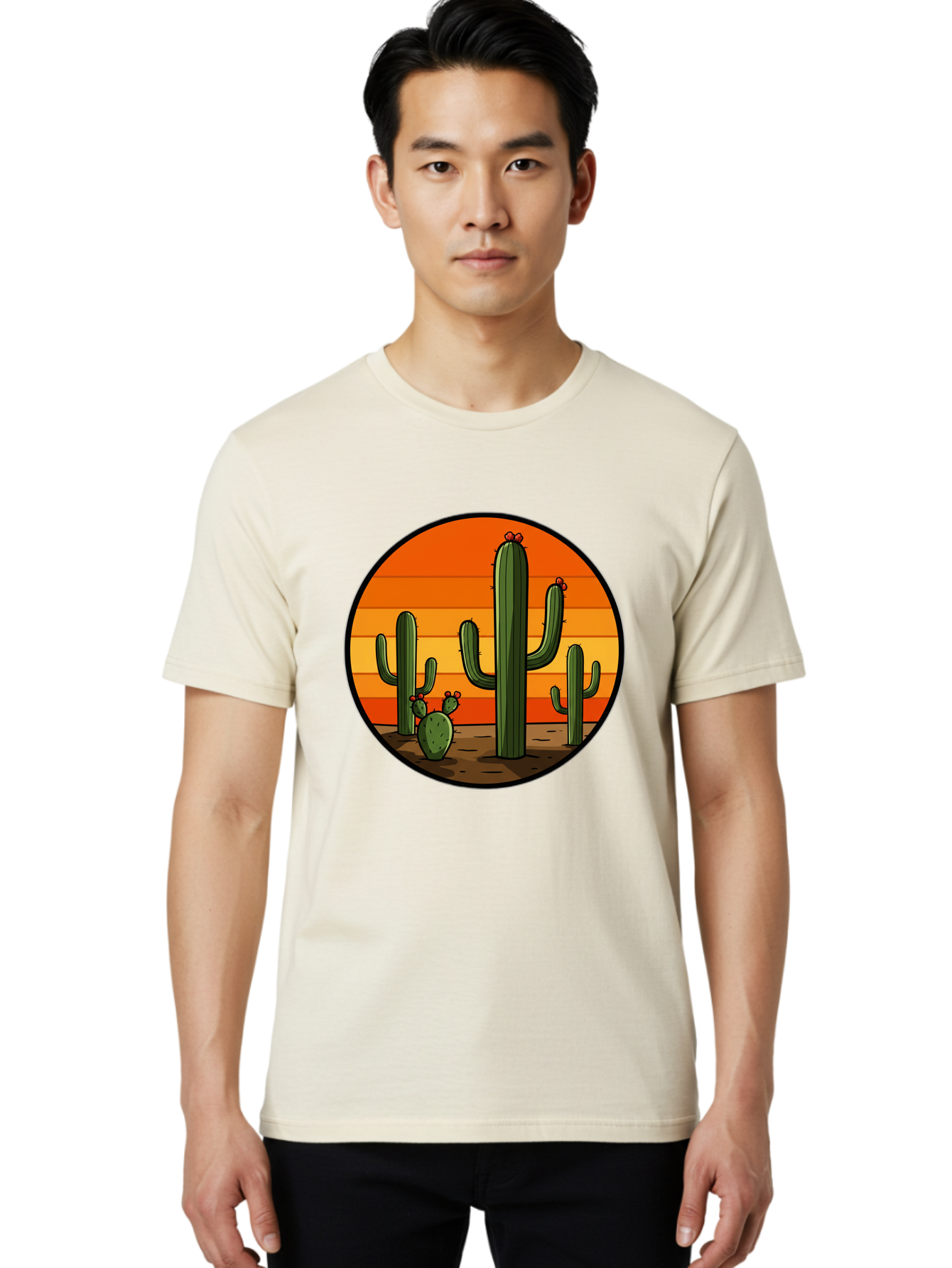 Cacti-Sunset Men'S Graphic Tee, 100% Cotton, Comfortable Casual Summer Wear, Machine Washable, Desert Landscape, Cacti, Sunset, Orange Gradient, Cartoon Style, Arid Environment, Dry Terrain, Western Scenery, Prickly Plants, Vibrant Colors Bac722