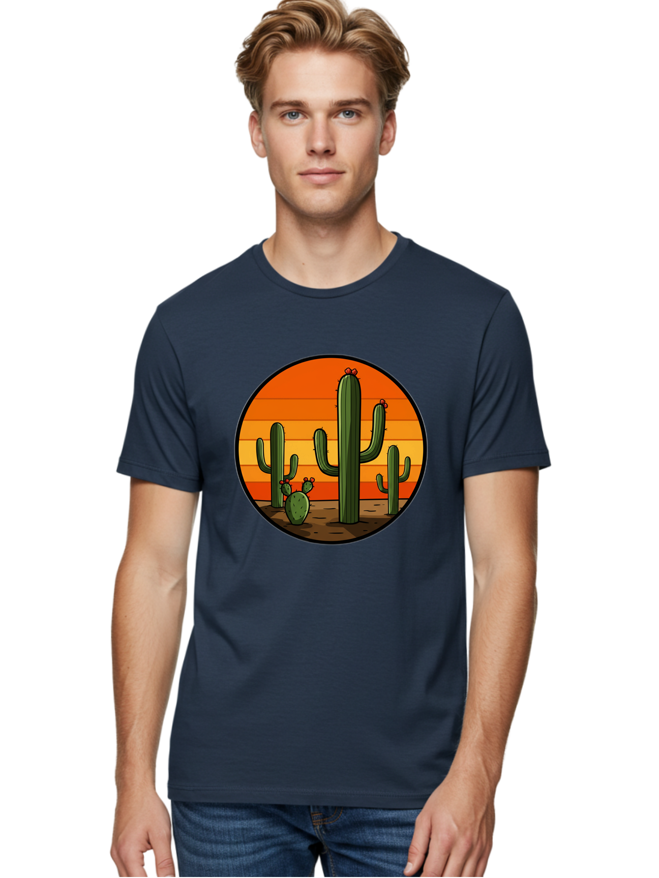 Cacti-Sunset Men'S Graphic Tee, 100% Cotton, Comfortable Casual Summer Wear, Machine Washable, Desert Landscape, Cacti, Sunset, Orange Gradient, Cartoon Style, Arid Environment, Dry Terrain, Western Scenery, Prickly Plants, Vibrant Colors Bac722