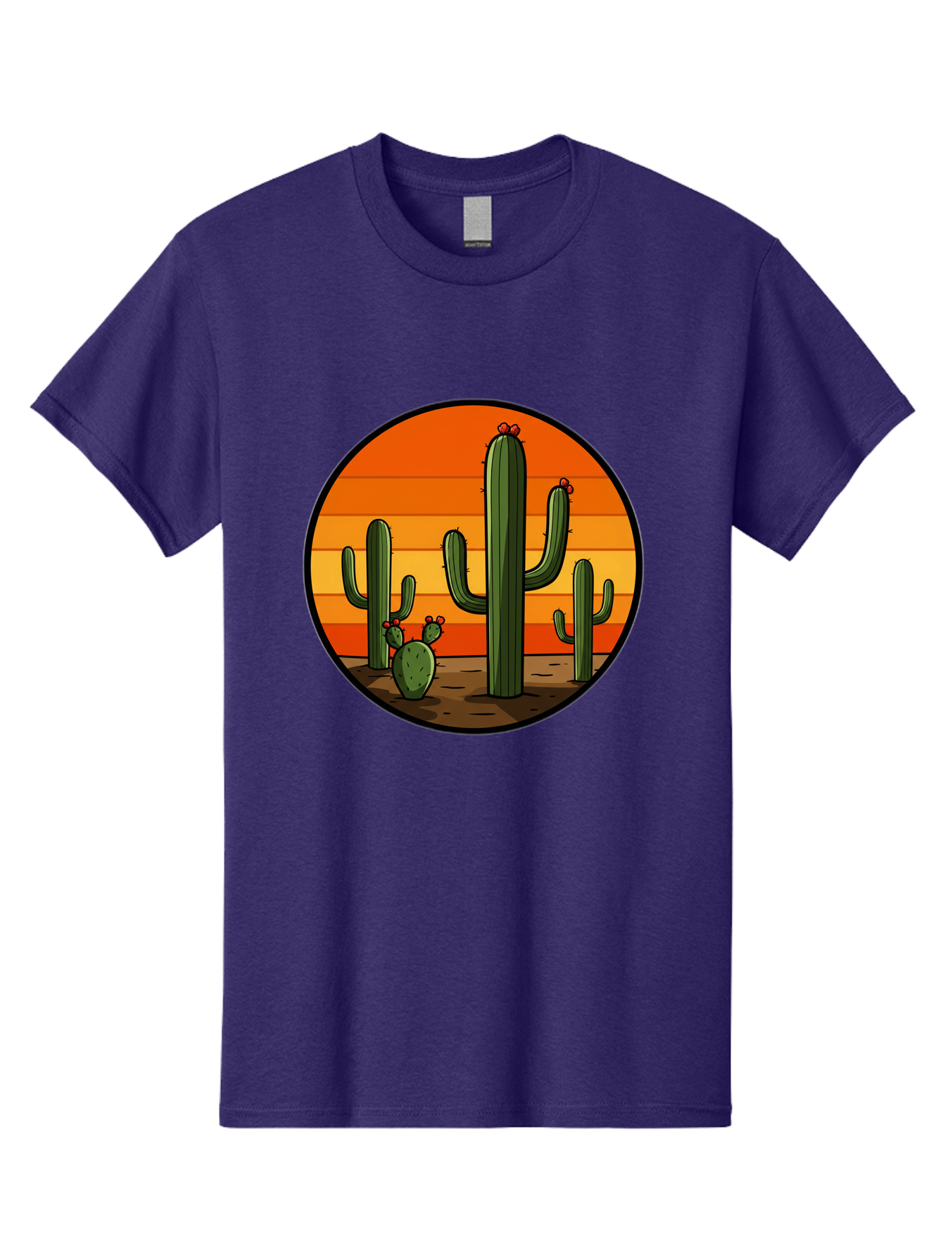 Cacti-Sunset Men'S Graphic Tee, 100% Cotton, Comfortable Casual Summer Wear, Machine Washable, Desert Landscape, Cacti, Sunset, Orange Gradient, Cartoon Style, Arid Environment, Dry Terrain, Western Scenery, Prickly Plants, Vibrant Colors Bac722