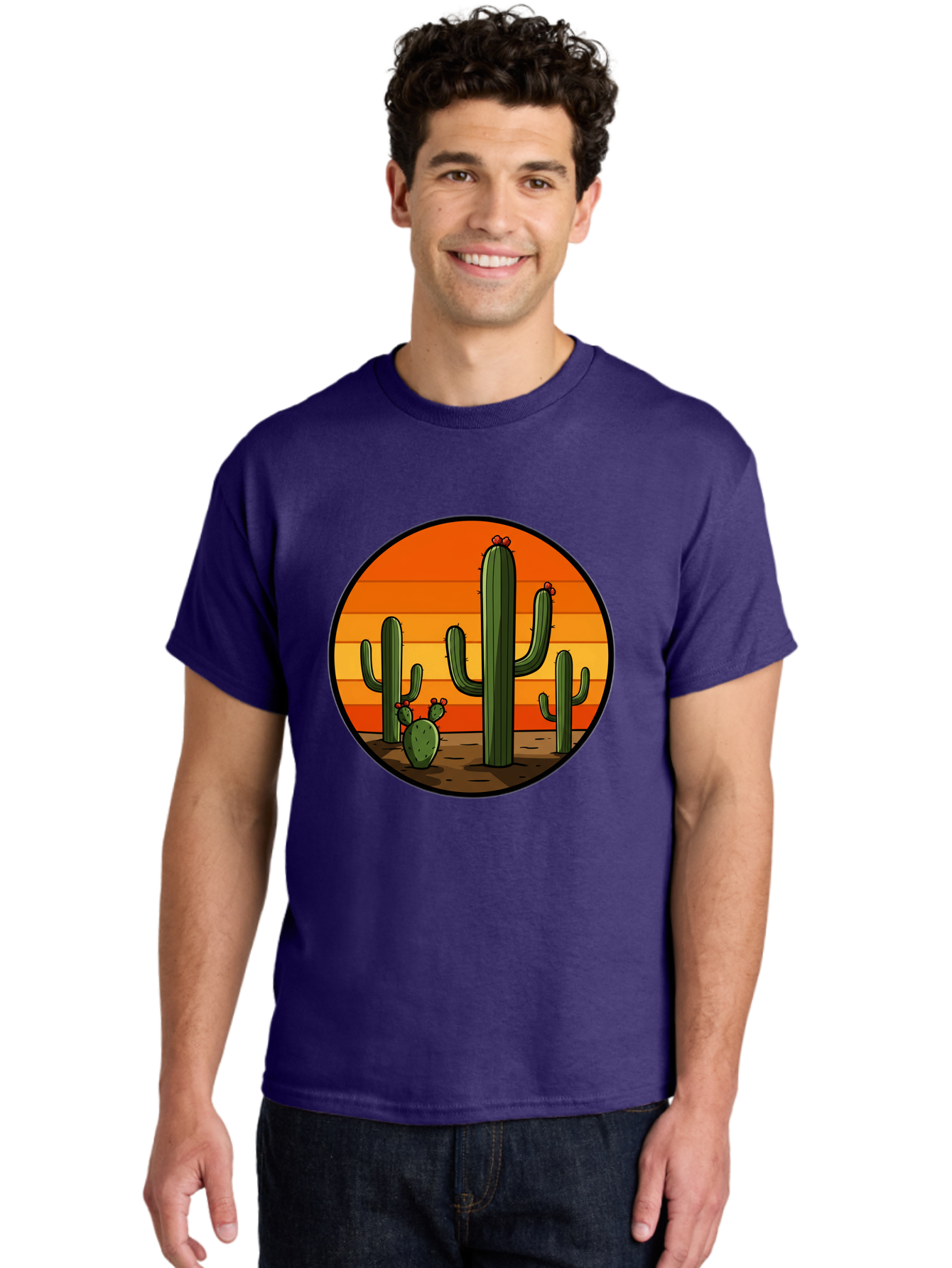 Cacti-Sunset Men'S Graphic Tee, 100% Cotton, Comfortable Casual Summer Wear, Machine Washable, Desert Landscape, Cacti, Sunset, Orange Gradient, Cartoon Style, Arid Environment, Dry Terrain, Western Scenery, Prickly Plants, Vibrant Colors Bac722