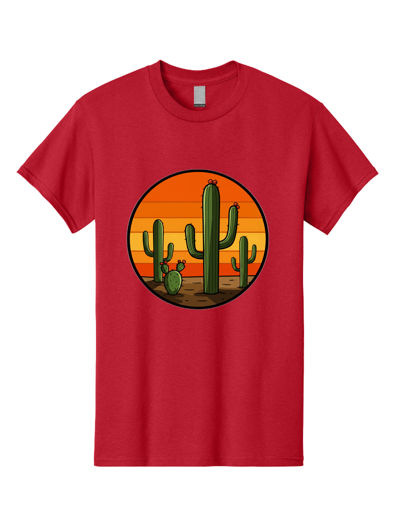 Cacti-Sunset Men'S Graphic Tee, 100% Cotton, Comfortable Casual Summer Wear, Machine Washable, Desert Landscape, Cacti, Sunset, Orange Gradient, Cartoon Style, Arid Environment, Dry Terrain, Western Scenery, Prickly Plants, Vibrant Colors Bac722