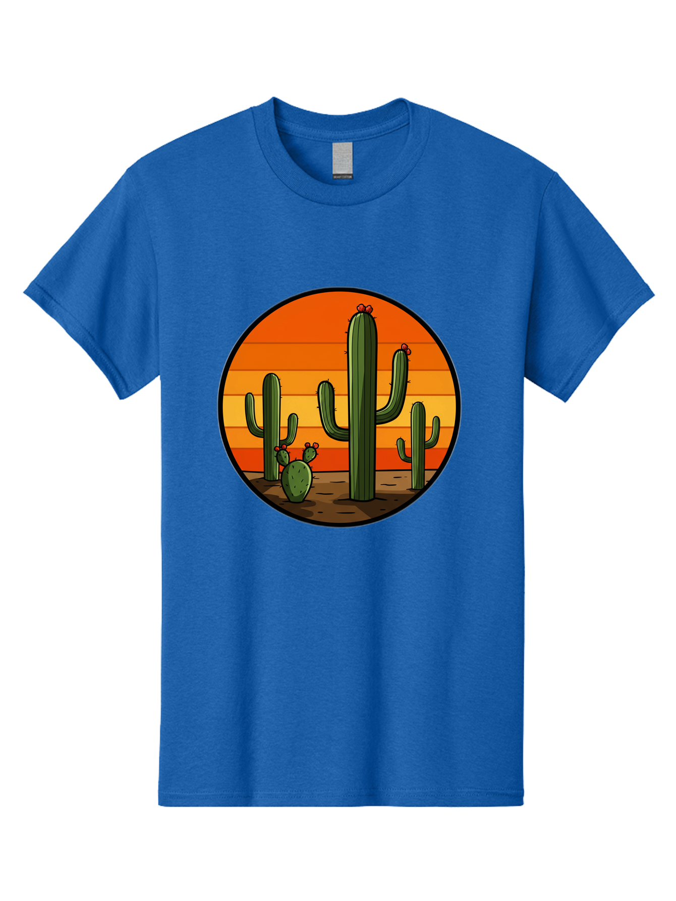 Cacti-Sunset Men'S Graphic Tee, 100% Cotton, Comfortable Casual Summer Wear, Machine Washable, Desert Landscape, Cacti, Sunset, Orange Gradient, Cartoon Style, Arid Environment, Dry Terrain, Western Scenery, Prickly Plants, Vibrant Colors Bac722
