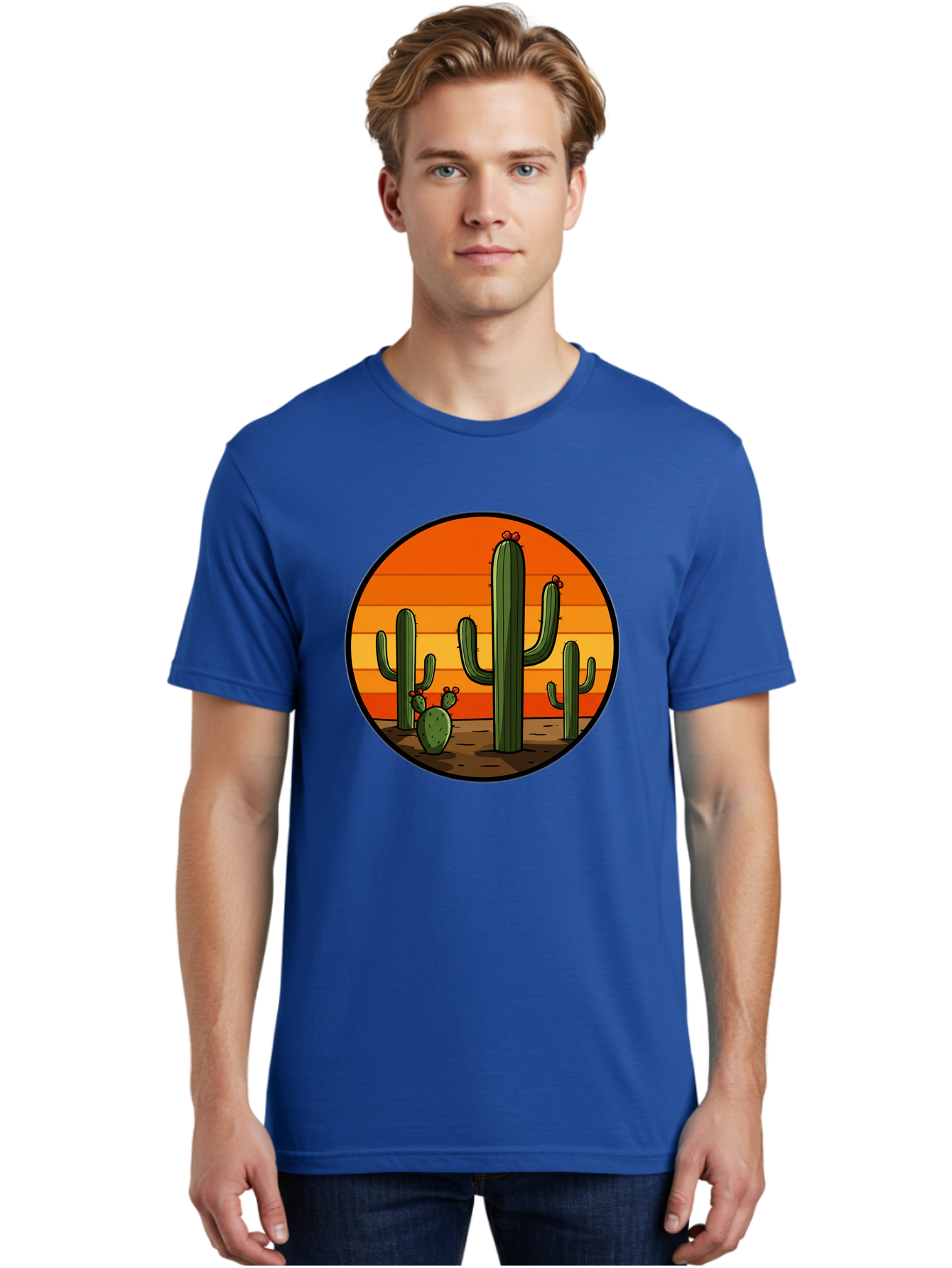 Cacti-Sunset Men'S Graphic Tee, 100% Cotton, Comfortable Casual Summer Wear, Machine Washable, Desert Landscape, Cacti, Sunset, Orange Gradient, Cartoon Style, Arid Environment, Dry Terrain, Western Scenery, Prickly Plants, Vibrant Colors Bac722