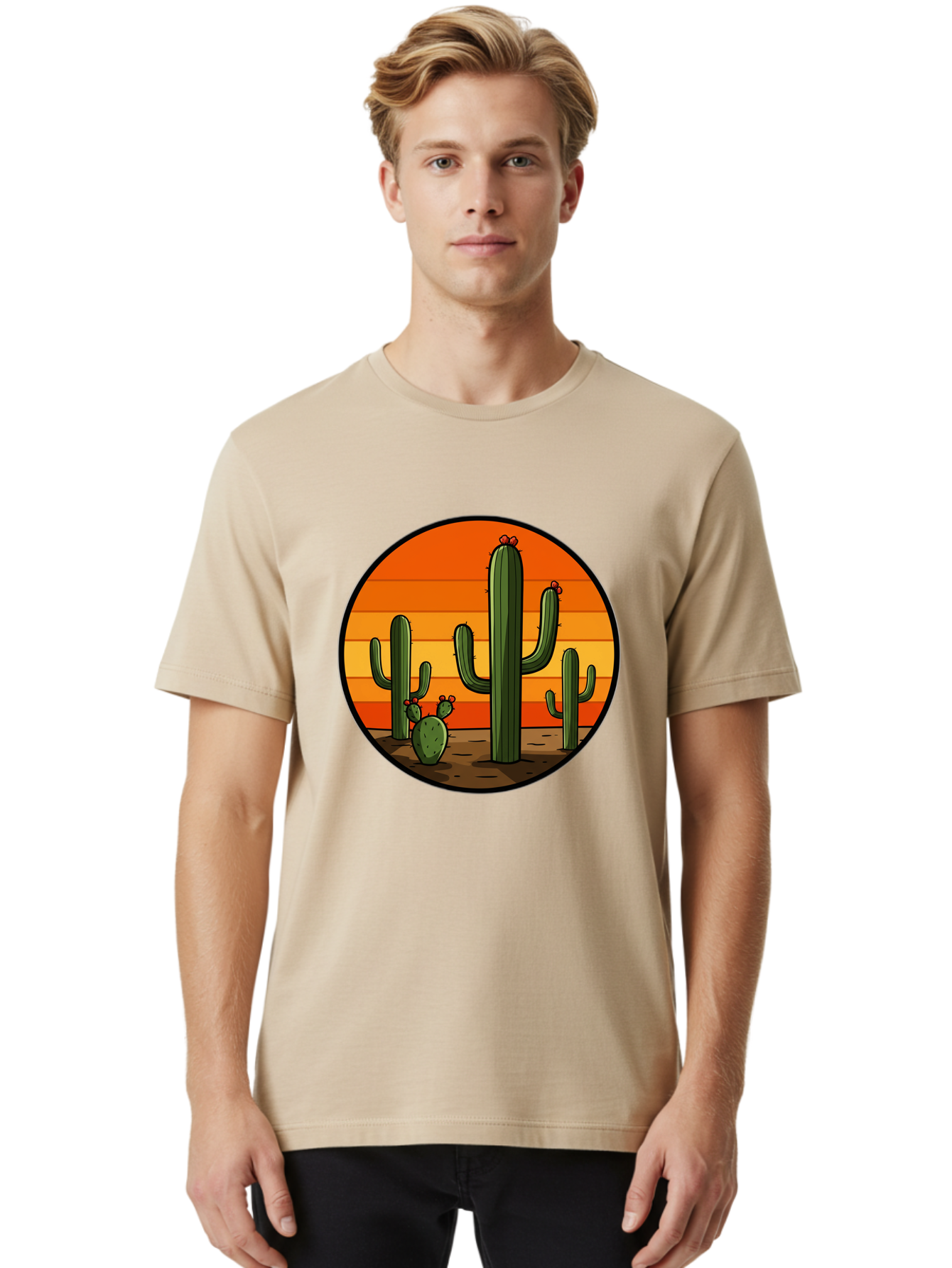 Cacti-Sunset Men'S Graphic Tee, 100% Cotton, Comfortable Casual Summer Wear, Machine Washable, Desert Landscape, Cacti, Sunset, Orange Gradient, Cartoon Style, Arid Environment, Dry Terrain, Western Scenery, Prickly Plants, Vibrant Colors Bac722