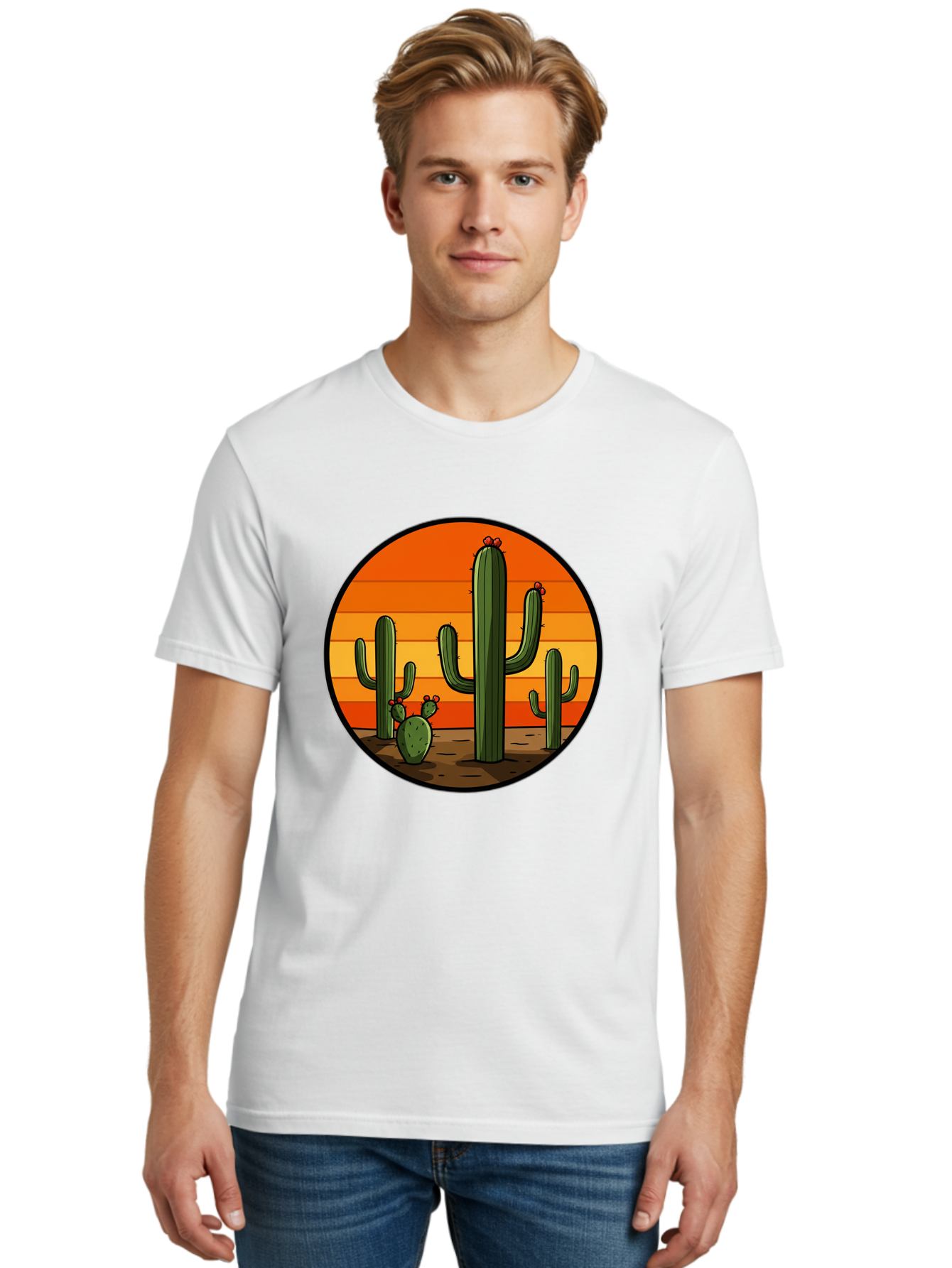 Cacti-Sunset Men'S Graphic Tee, 100% Cotton, Comfortable Casual Summer Wear, Machine Washable, Desert Landscape, Cacti, Sunset, Orange Gradient, Cartoon Style, Arid Environment, Dry Terrain, Western Scenery, Prickly Plants, Vibrant Colors Bac722