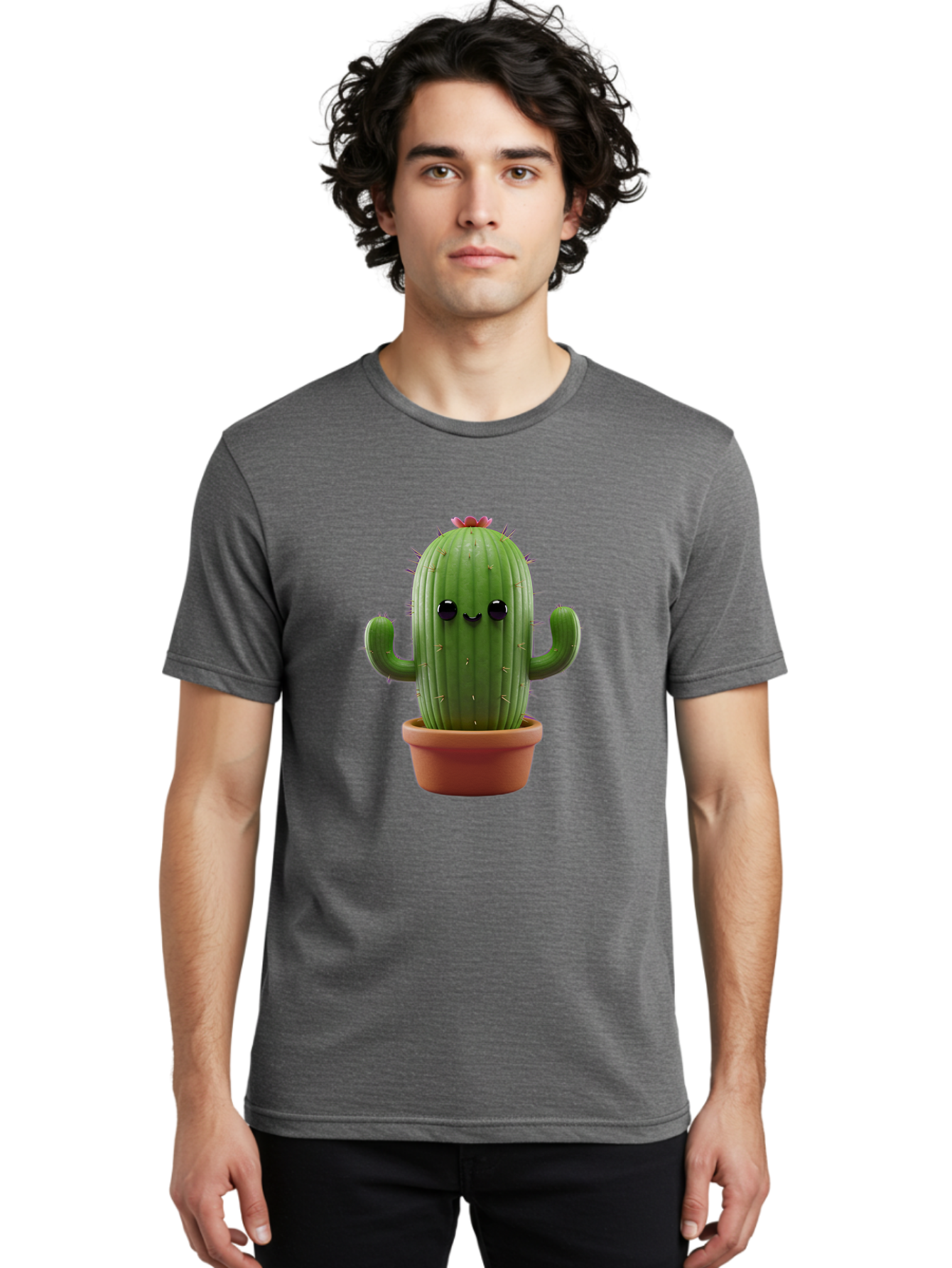 Cactus-4 Men'S Graphic Tee, 100% Cotton, Comfortable Casual Summer Wear, Machine Washable, Cute Cactus, Potted Plant, Cartoon Character, Desert Flora, Funny Face, Small Arms, Spiky Texture, Kawaii Style, Terracotta Pot, Digital Illustration Bac726