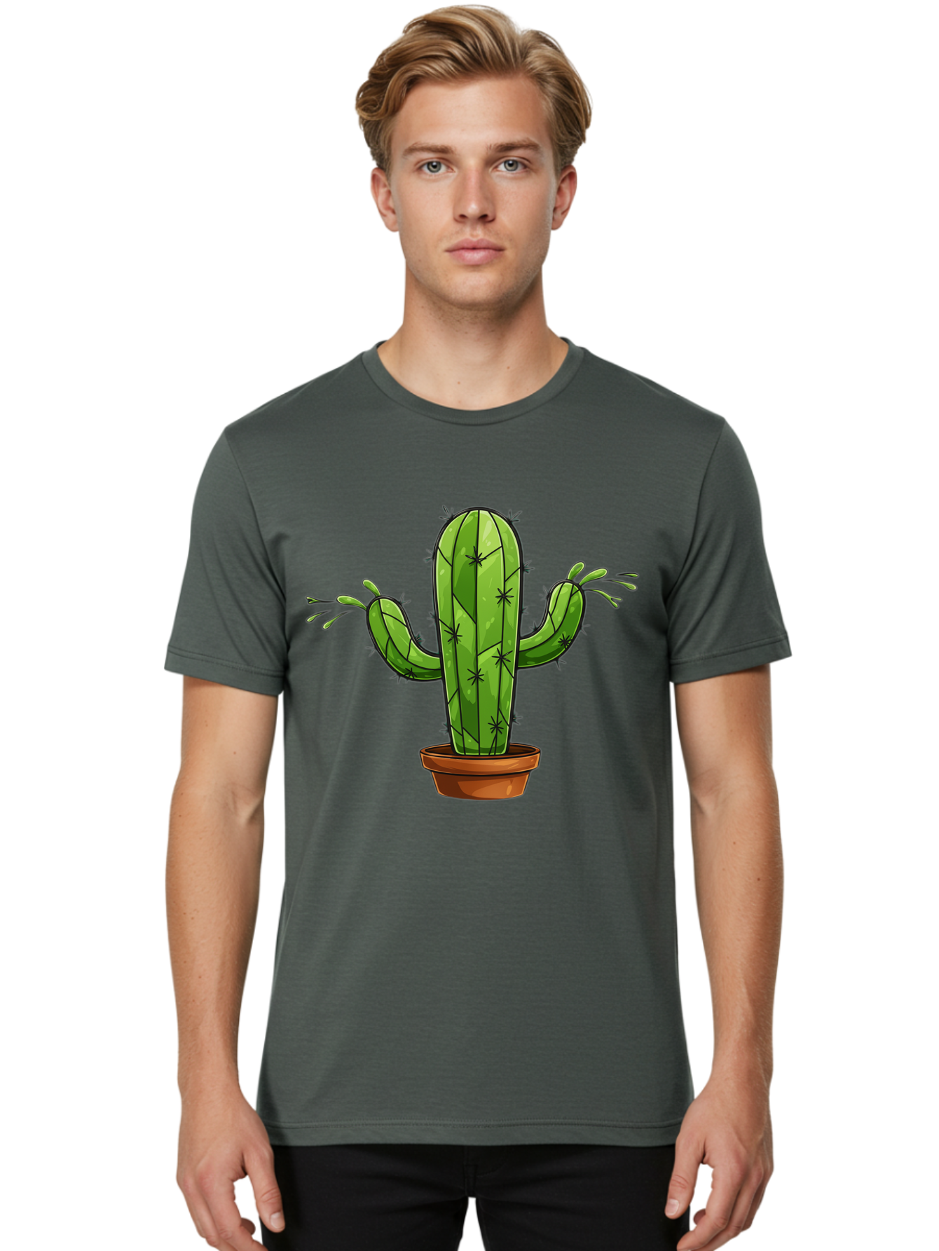 Cactus-5 Men'S Graphic Tee, 100% Cotton, Comfortable Casual Summer Wear, Machine Washable, Potted Cactus, Cartoon Cactus, Cactus Plant, Green Cactus, Terracotta Pot, Prickly Cactus, Desert Plant, Houseplant, Succulent, Cactus Illustration, Bac727