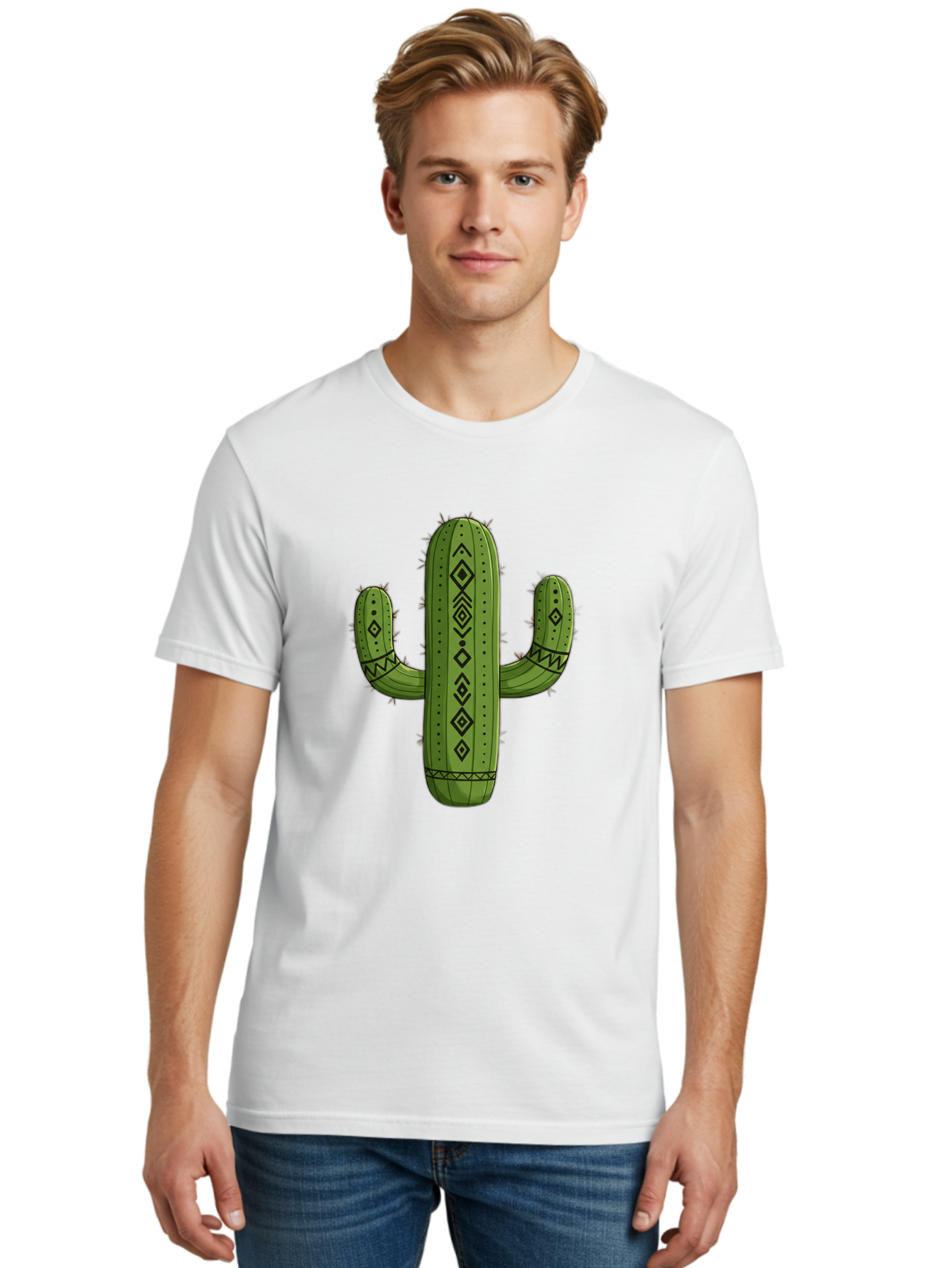 Cactus-7 Men'S Graphic Tee, 100% Cotton, Comfortable Casual Summer Wear, Machine Washable, Cartoon Cactus, Tribal Cactus, Cactus Illustration, Southwestern Art, Bohemian Decor, Cactus Graphics, Desert Plant, Prickly Pear Cactus, Unique Design, Bac729