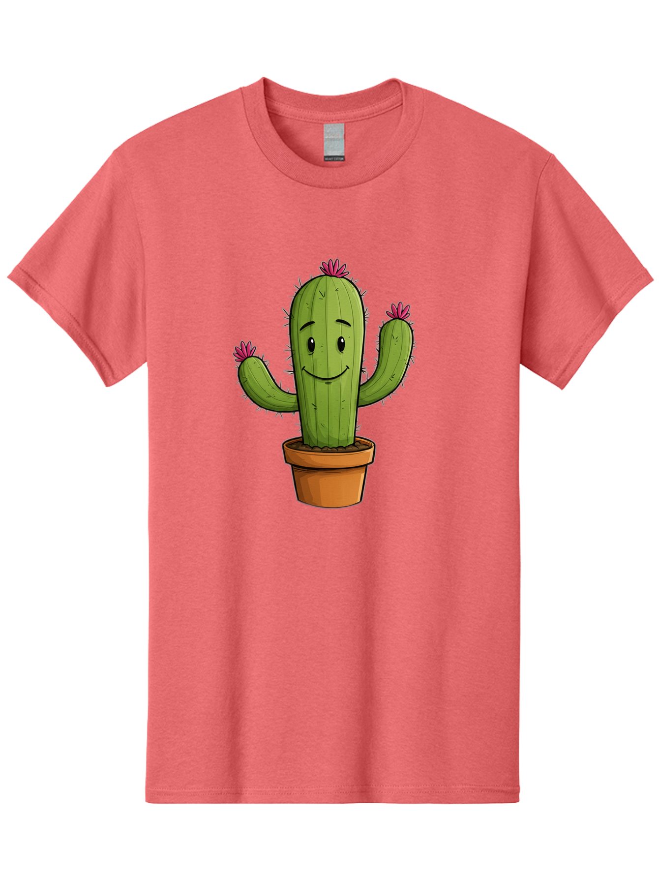 Cactus-8 Men'S Graphic Tee, 100% Cotton, Comfortable Casual Summer Wear, Machine Washable, Cartoon Cactus, Happy Face, Potted Plant, Cacti, Prickly Pear, Succulent, Flowering Cactus, Kawaii, Cute, Smiling Cactus, Pink Flowers, Quirky, Fun, Bac730