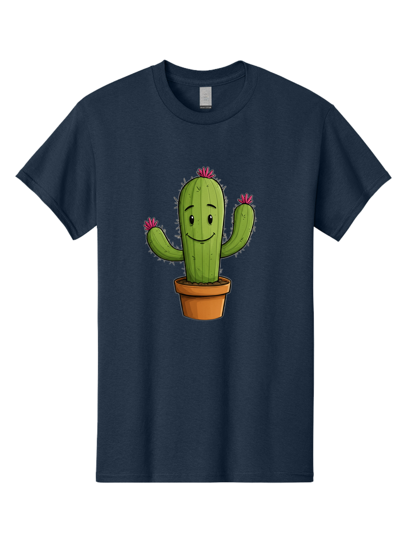 Cactus-8 Men'S Graphic Tee, 100% Cotton, Comfortable Casual Summer Wear, Machine Washable, Cartoon Cactus, Happy Face, Potted Plant, Cacti, Prickly Pear, Succulent, Flowering Cactus, Kawaii, Cute, Smiling Cactus, Pink Flowers, Quirky, Fun, Bac730