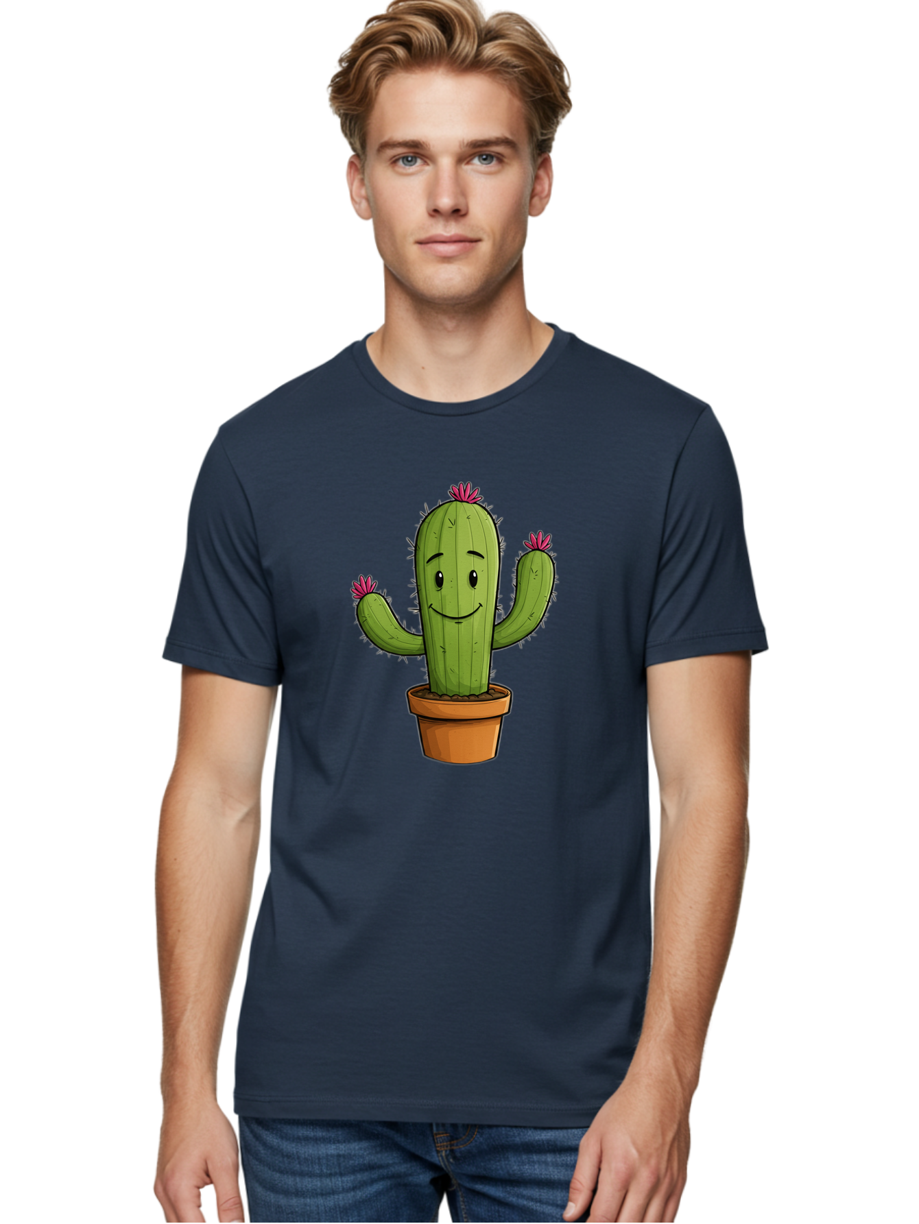 Cactus-8 Men'S Graphic Tee, 100% Cotton, Comfortable Casual Summer Wear, Machine Washable, Cartoon Cactus, Happy Face, Potted Plant, Cacti, Prickly Pear, Succulent, Flowering Cactus, Kawaii, Cute, Smiling Cactus, Pink Flowers, Quirky, Fun, Bac730