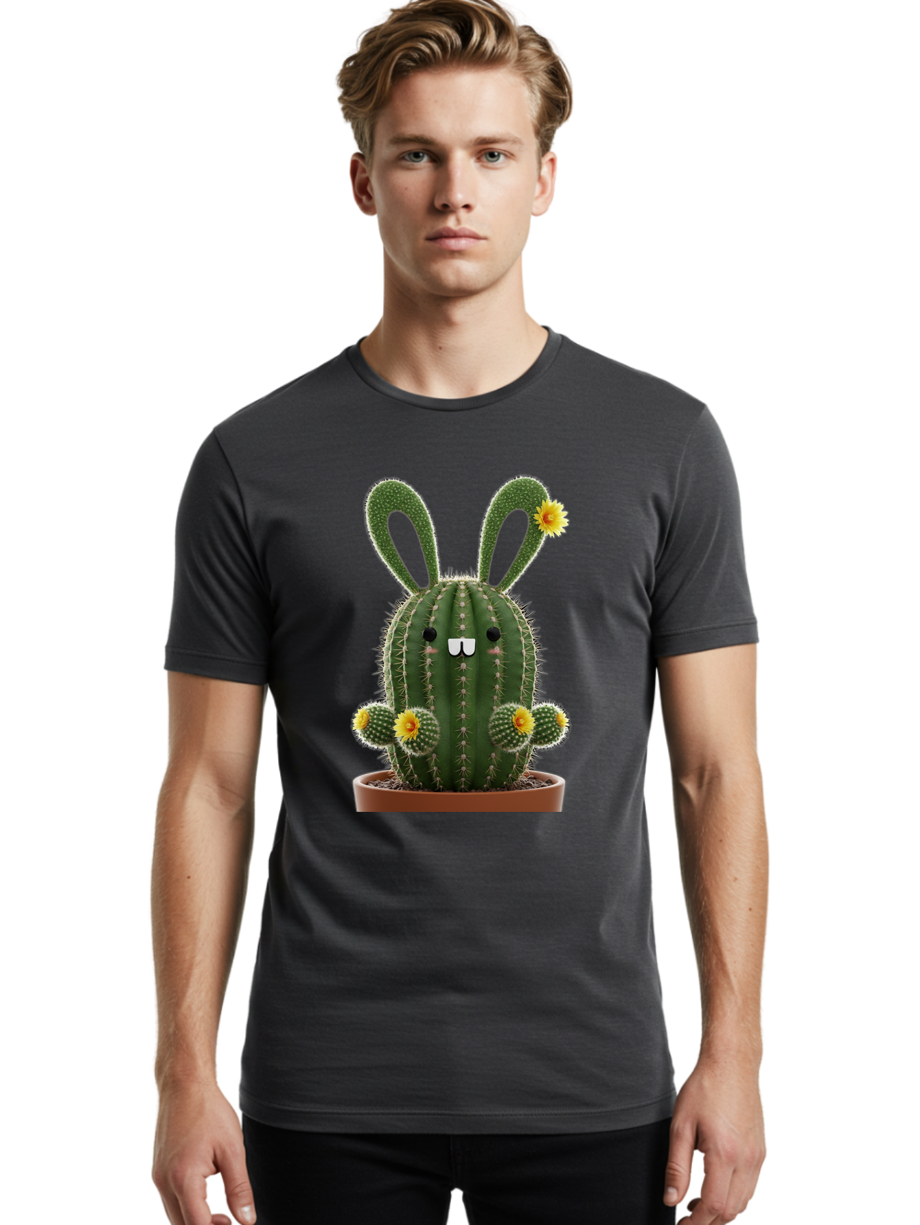 Cactus-Bunny Men'S Graphic Tee, 100% Cotton, Comfortable Casual Summer Wear, Machine Washable, Cartoon Cactus With Bunny Ears, Cute Cactus Character, Potted Cactus Plant, Funny Cactus Design, Blooming Cactus Flowers, Desert Flora, Bac731