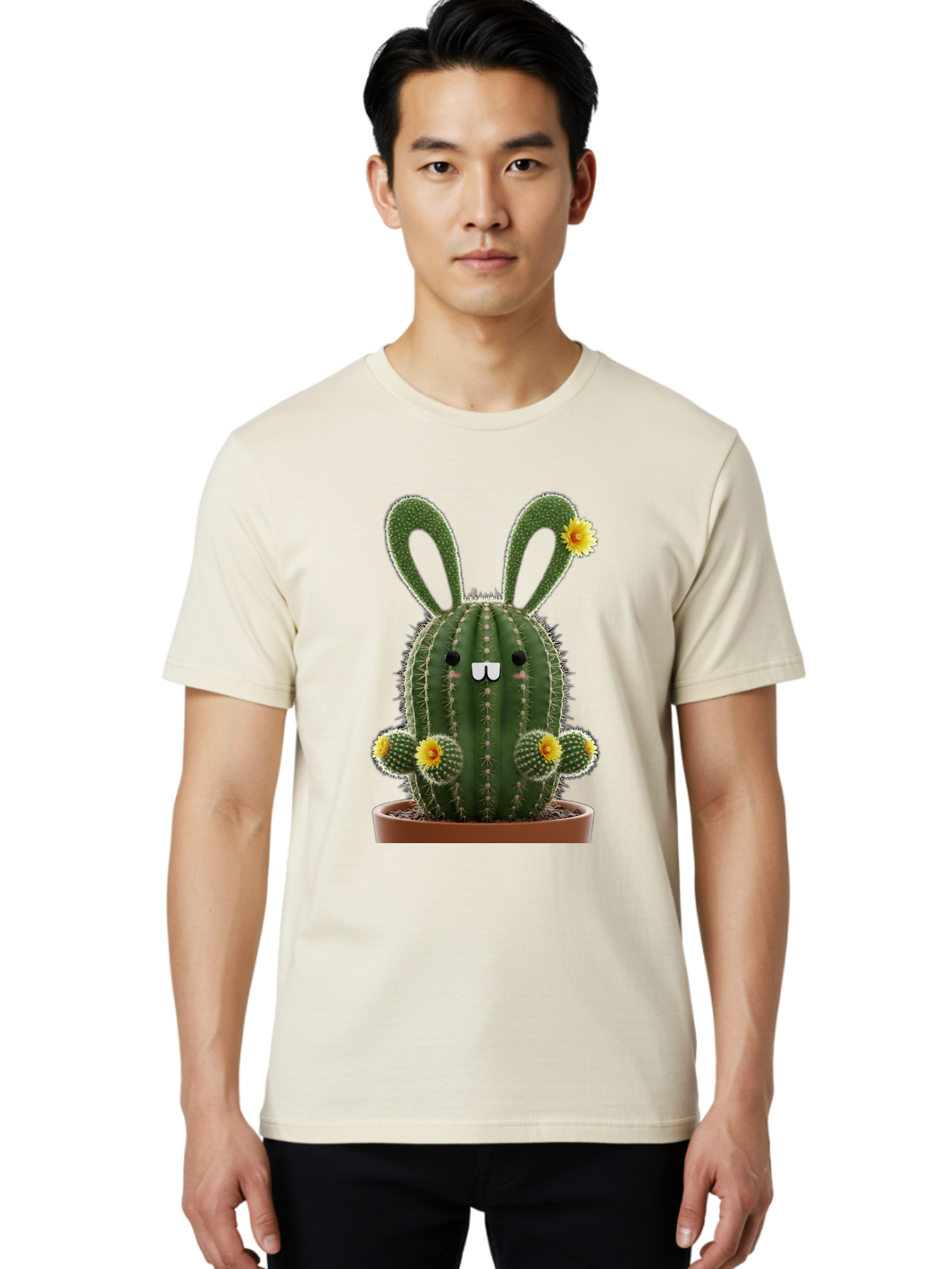 Cactus-Bunny Men'S Graphic Tee, 100% Cotton, Comfortable Casual Summer Wear, Machine Washable, Cartoon Cactus With Bunny Ears, Cute Cactus Character, Potted Cactus Plant, Funny Cactus Design, Blooming Cactus Flowers, Desert Flora, Bac731