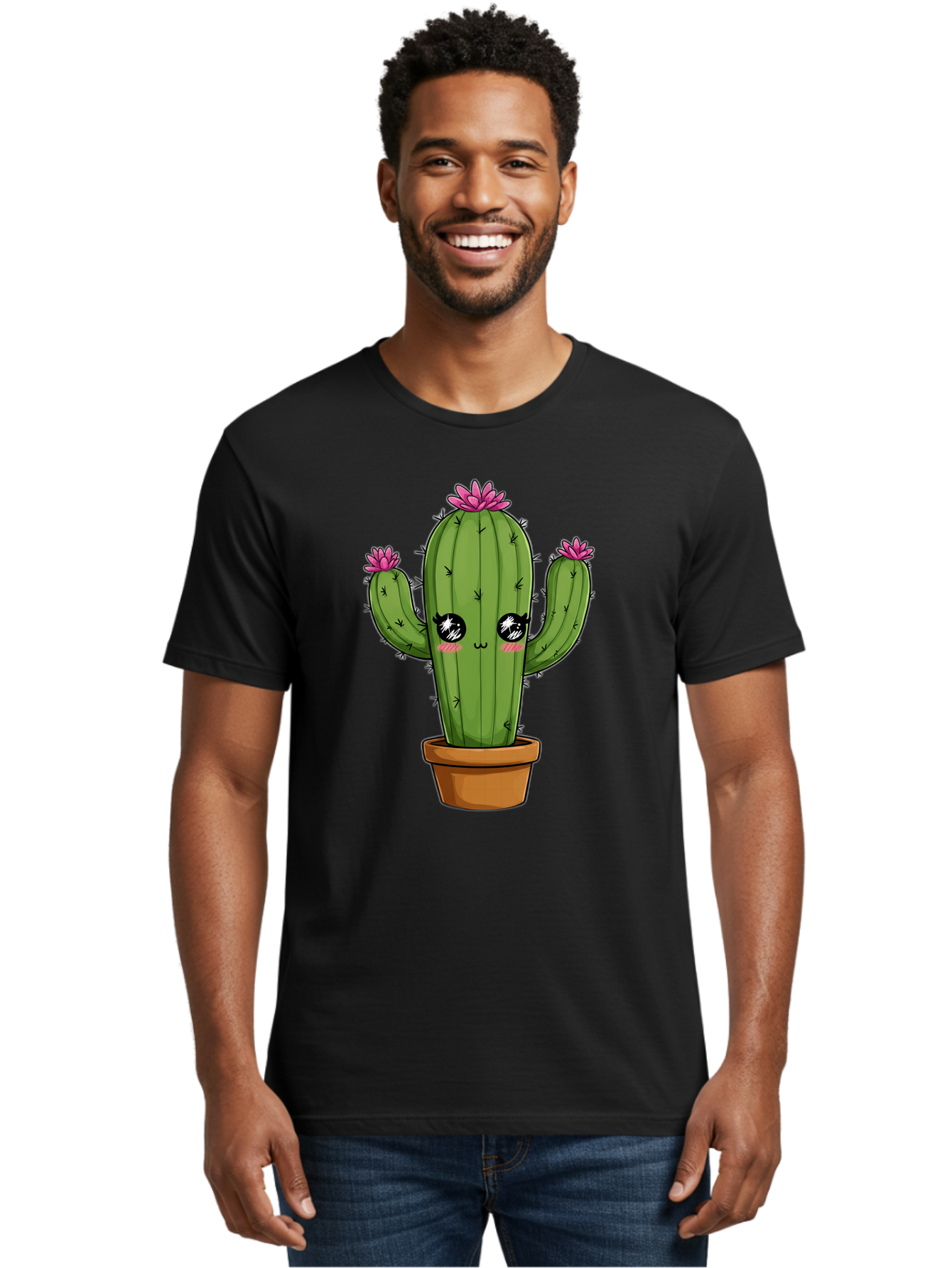 Cactus-Cartoon Men'S Graphic Tee, 100% Cotton, Comfortable Casual Summer Wear, Machine Washable, Cartoon Cactus, Pink Flowers, Terracotta Pot, Kawaii Style, Cute Desert Plant, Floral Cactus, Adorable Character Design, Succulent Illustration Bac732