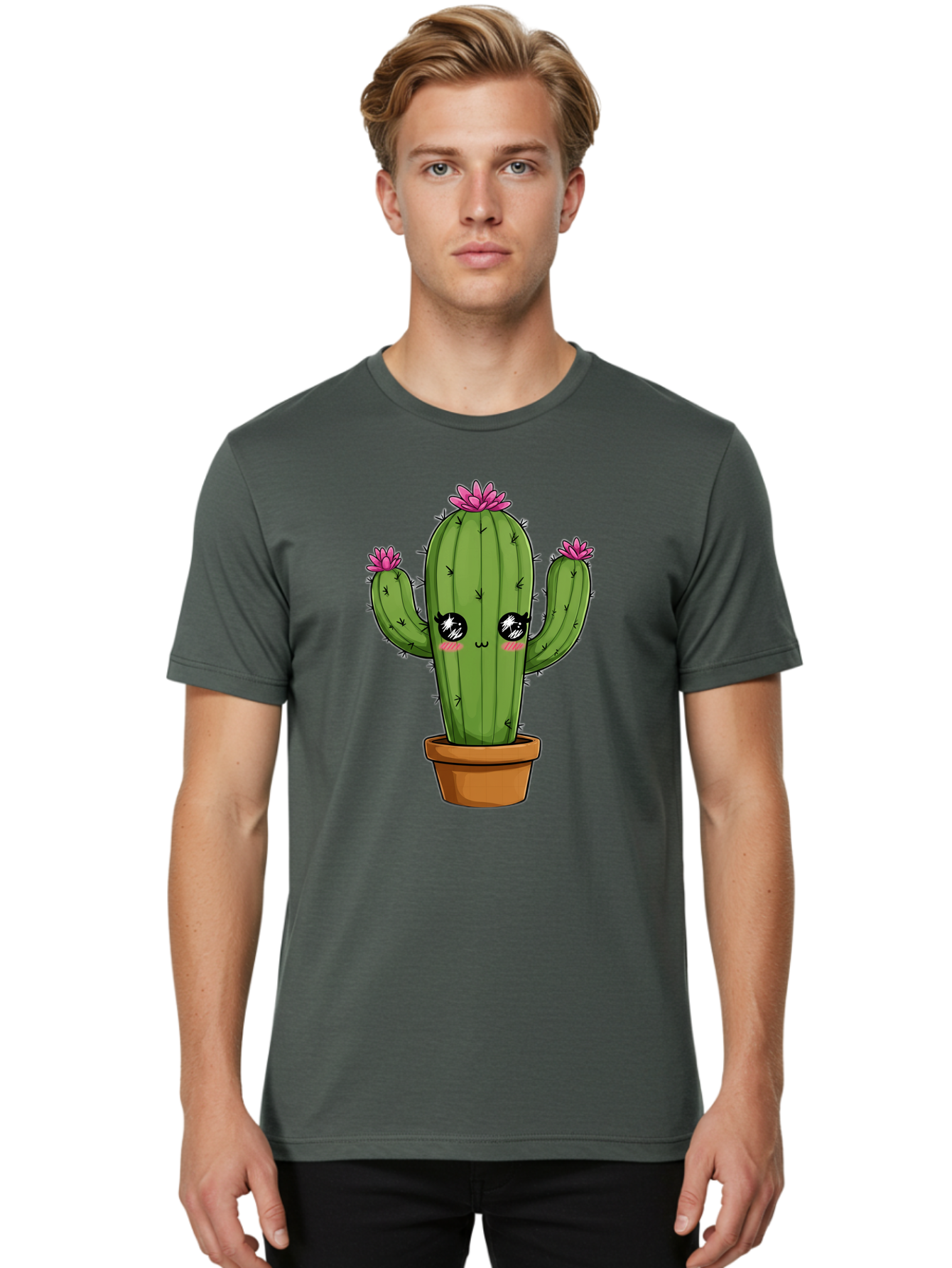 Cactus-Cartoon Men'S Graphic Tee, 100% Cotton, Comfortable Casual Summer Wear, Machine Washable, Cartoon Cactus, Pink Flowers, Terracotta Pot, Kawaii Style, Cute Desert Plant, Floral Cactus, Adorable Character Design, Succulent Illustration Bac732