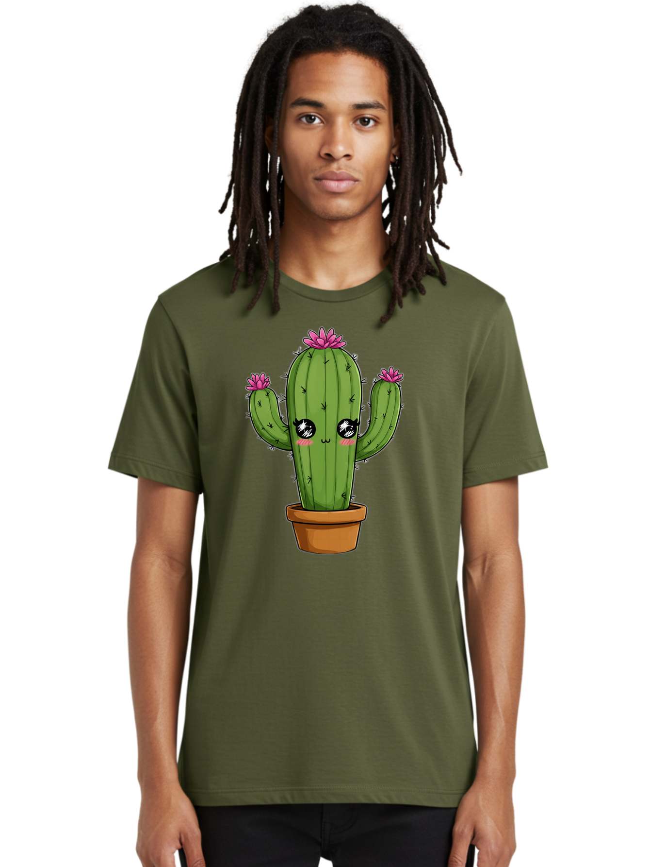 Cactus-Cartoon Men'S Graphic Tee, 100% Cotton, Comfortable Casual Summer Wear, Machine Washable, Cartoon Cactus, Pink Flowers, Terracotta Pot, Kawaii Style, Cute Desert Plant, Floral Cactus, Adorable Character Design, Succulent Illustration Bac732