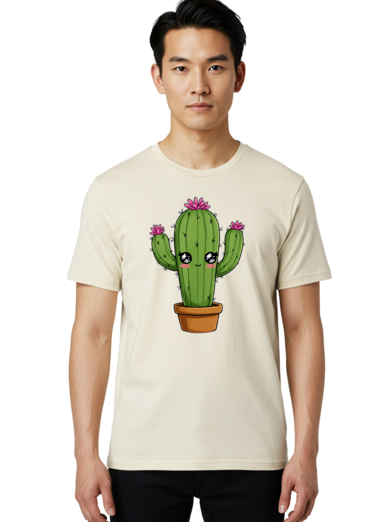 Cactus-Cartoon Men'S Graphic Tee, 100% Cotton, Comfortable Casual Summer Wear, Machine Washable, Cartoon Cactus, Pink Flowers, Terracotta Pot, Kawaii Style, Cute Desert Plant, Floral Cactus, Adorable Character Design, Succulent Illustration Bac732
