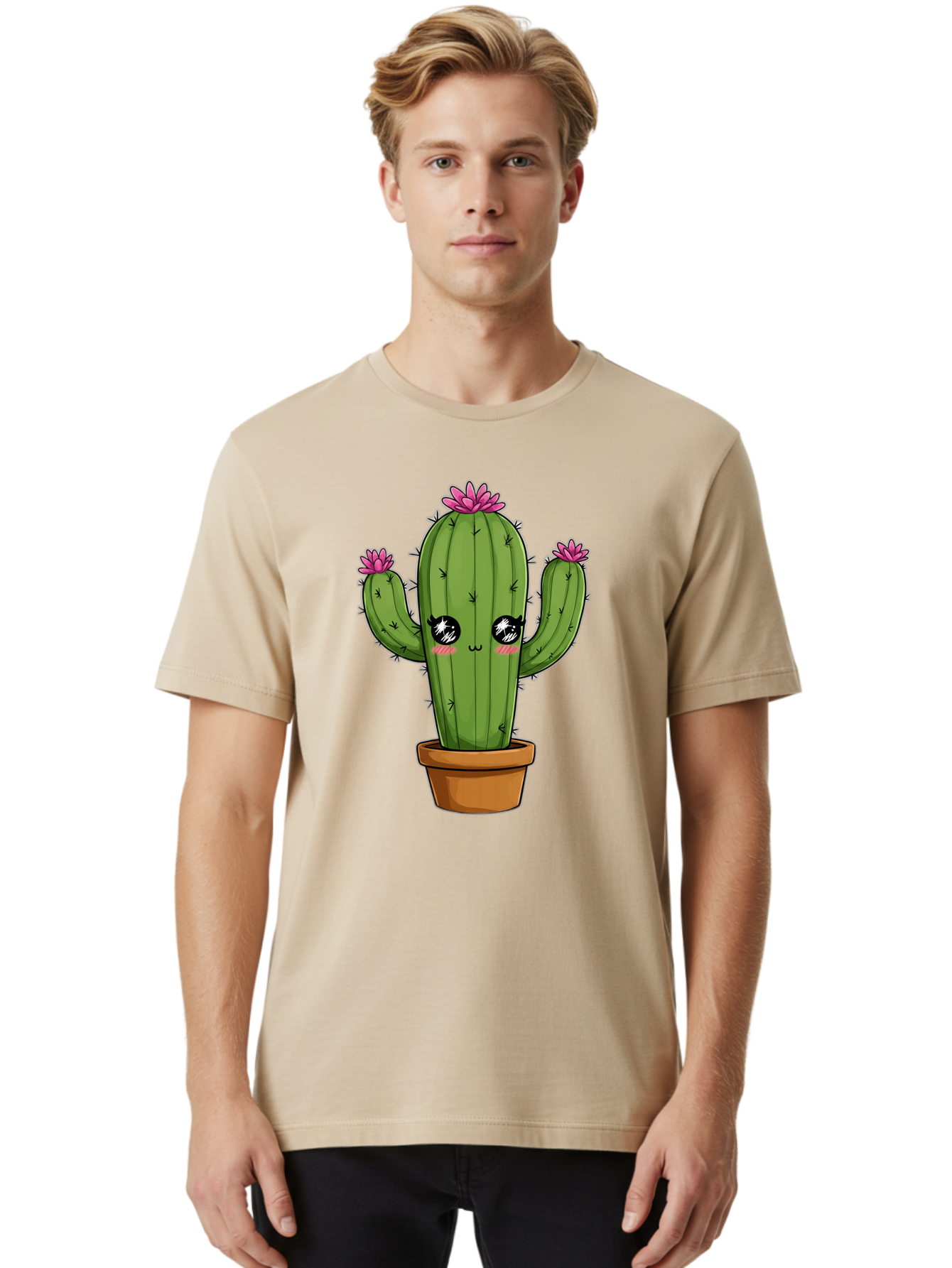 Cactus-Cartoon Men'S Graphic Tee, 100% Cotton, Comfortable Casual Summer Wear, Machine Washable, Cartoon Cactus, Pink Flowers, Terracotta Pot, Kawaii Style, Cute Desert Plant, Floral Cactus, Adorable Character Design, Succulent Illustration Bac732