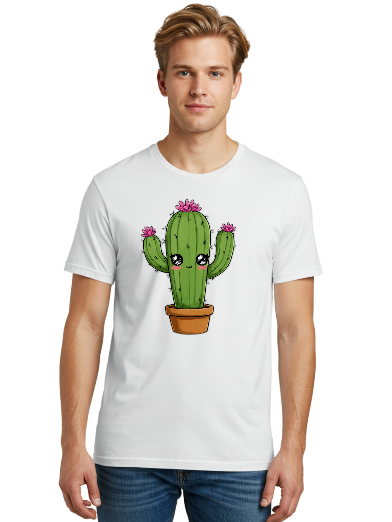 Cactus-Cartoon Men'S Graphic Tee, 100% Cotton, Comfortable Casual Summer Wear, Machine Washable, Cartoon Cactus, Pink Flowers, Terracotta Pot, Kawaii Style, Cute Desert Plant, Floral Cactus, Adorable Character Design, Succulent Illustration Bac732