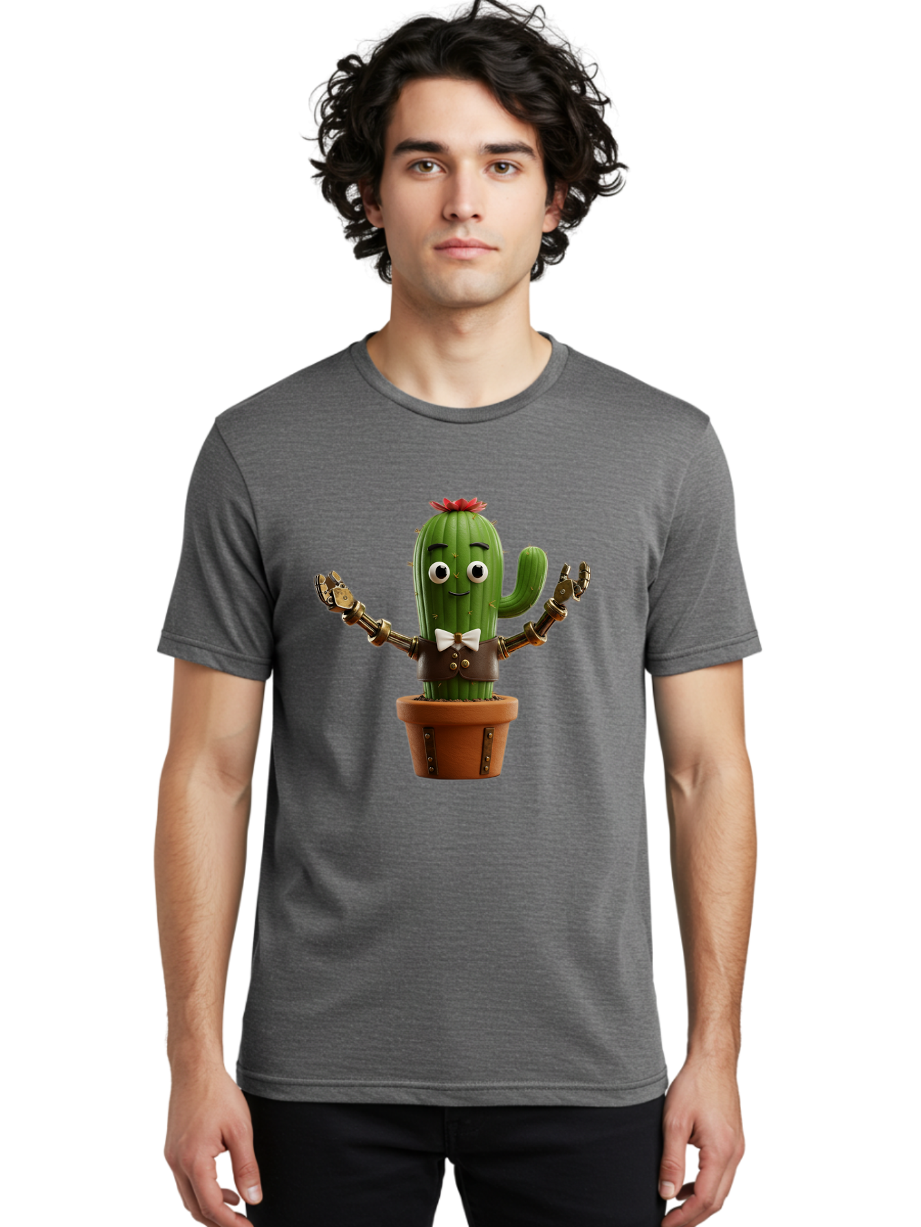 Cactus-Character-2 Men'S Graphic Tee, 100% Cotton, Comfortable Casual Summer Wear, Machine Washable, Cartoon Cactus, Robotic Arms, Potted Plant, Funny Character, Cute Design, Animated Character, Cactus In Pot, Robot Cactus, Comedic Relief, Bac734