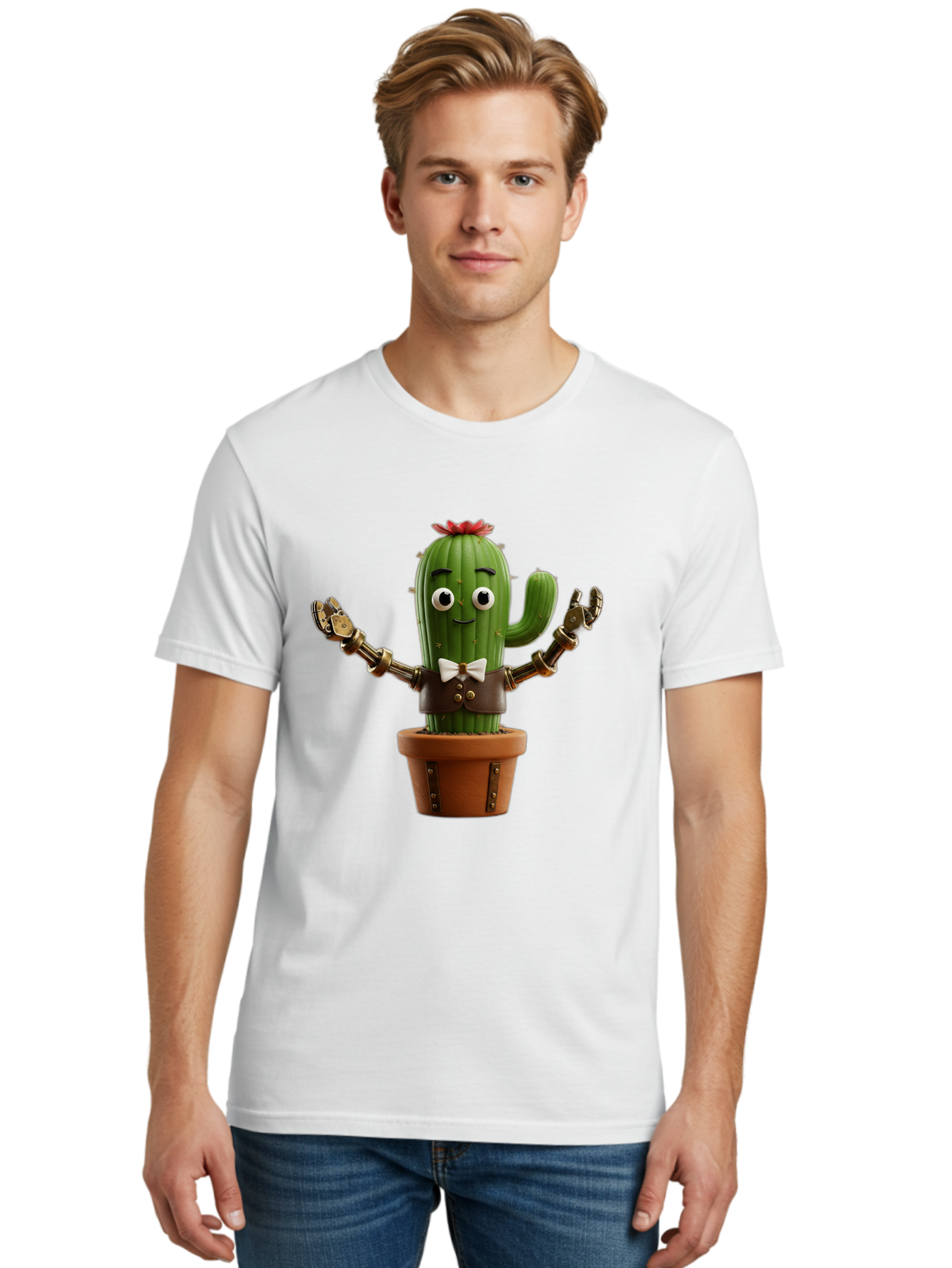 Cactus-Character-2 Men'S Graphic Tee, 100% Cotton, Comfortable Casual Summer Wear, Machine Washable, Cartoon Cactus, Robotic Arms, Potted Plant, Funny Character, Cute Design, Animated Character, Cactus In Pot, Robot Cactus, Comedic Relief, Bac734