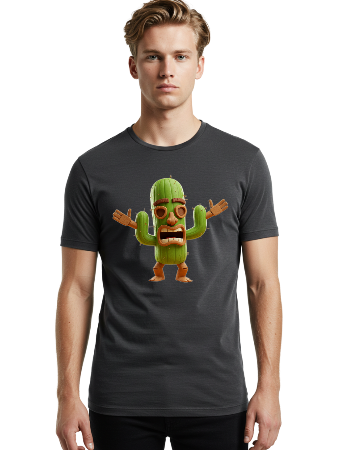 Cactus-Character-3 Men'S Graphic Tee, 100% Cotton, Comfortable Casual Summer Wear, Machine Washable, Cartoon Cactus, Character Design, Anthropomorphic Cactus, 3D Rendering, Cute Desert Plant, Comical Expression, Thumbs Up Gesture, Bac735