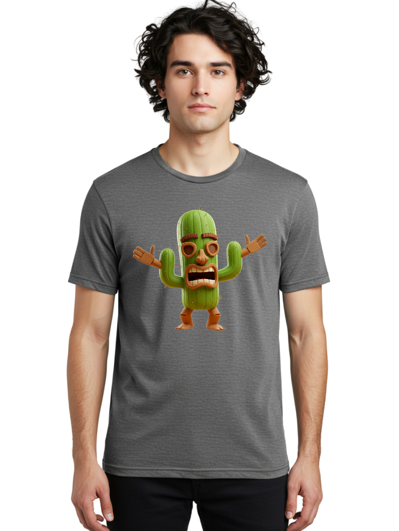 Cactus-Character-3 Men'S Graphic Tee, 100% Cotton, Comfortable Casual Summer Wear, Machine Washable, Cartoon Cactus, Character Design, Anthropomorphic Cactus, 3D Rendering, Cute Desert Plant, Comical Expression, Thumbs Up Gesture, Bac735