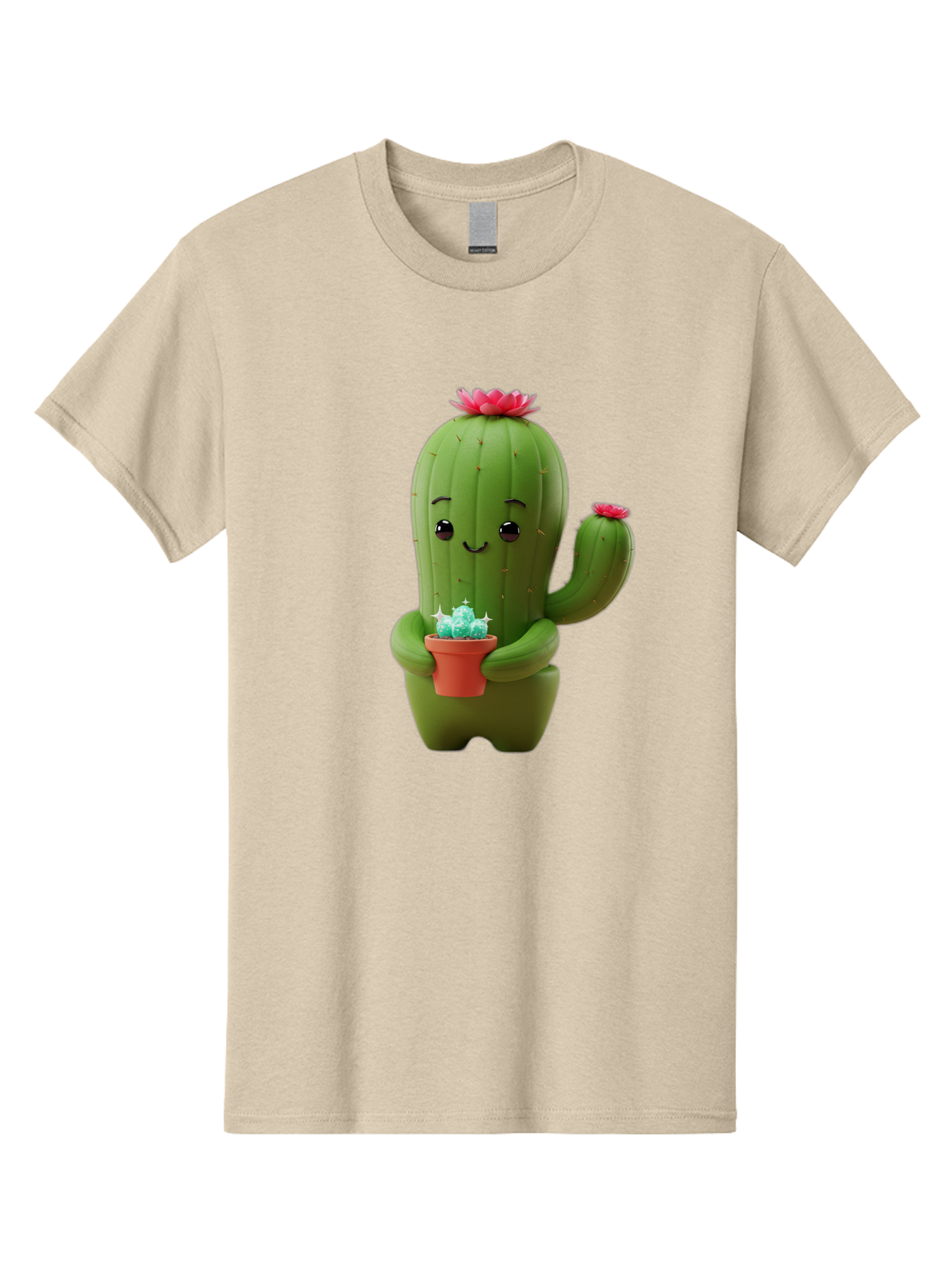 Cactus-Character Men'S Graphic Tee, 100% Cotton, Comfortable Casual Summer Wear, Machine Washable, Cartoon Cactus, Smiling Face, Holding Potted Plant, Cute Character, Green Cactus, Pink Flowers, Quirky Illustration, Fun Design, Playful Art Bac736
