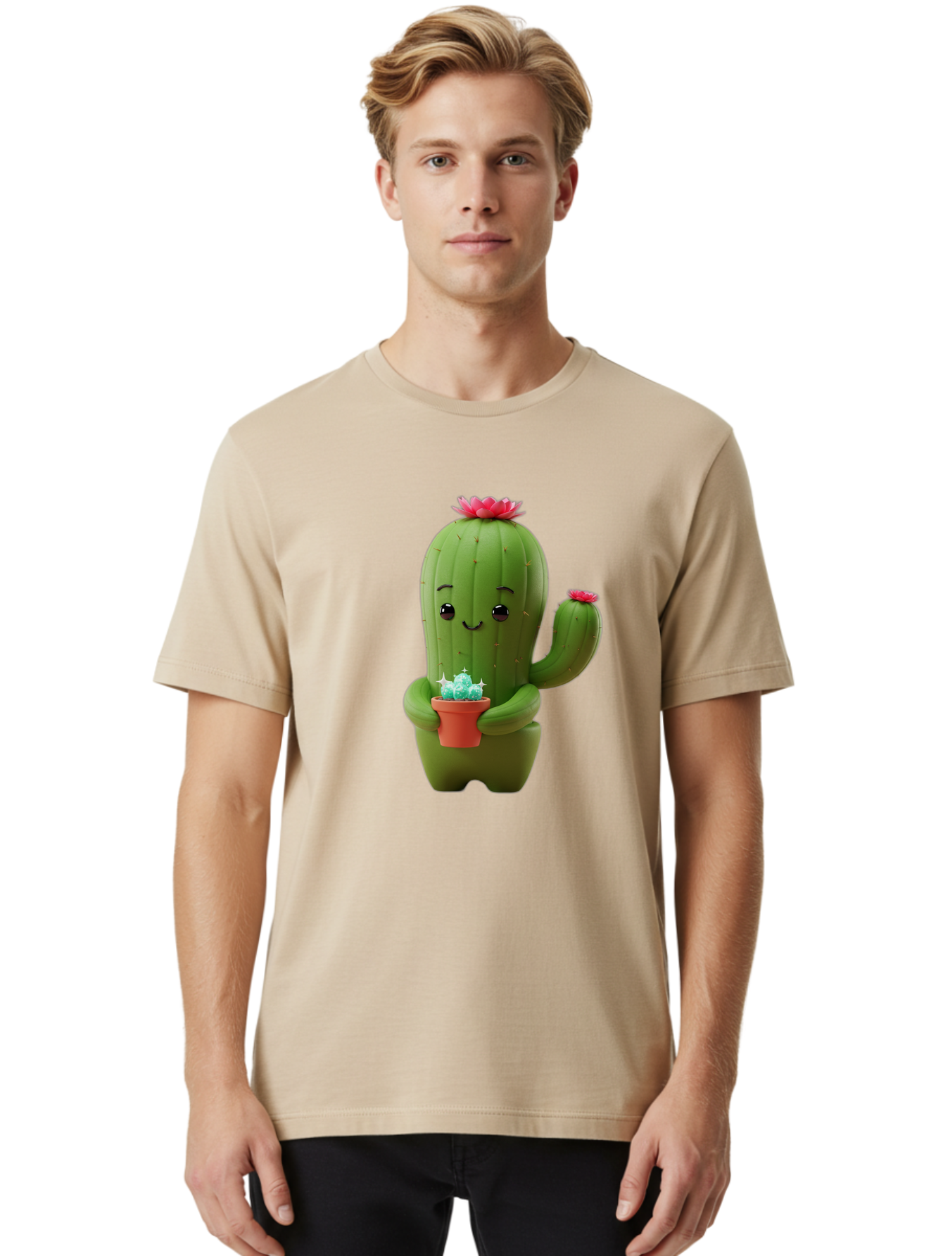 Cactus-Character Men'S Graphic Tee, 100% Cotton, Comfortable Casual Summer Wear, Machine Washable, Cartoon Cactus, Smiling Face, Holding Potted Plant, Cute Character, Green Cactus, Pink Flowers, Quirky Illustration, Fun Design, Playful Art Bac736