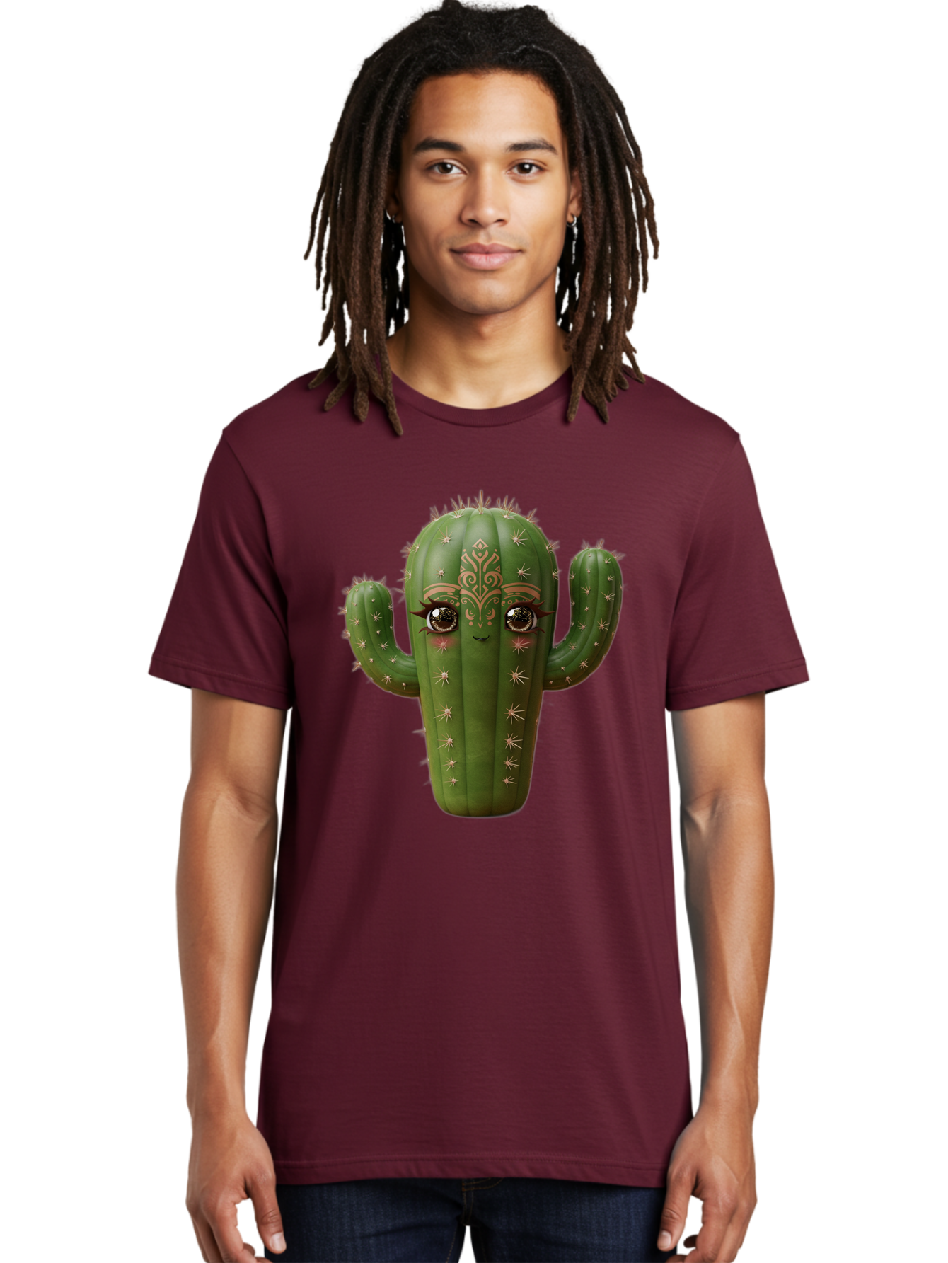 Cactus-Face Men'S Graphic Tee, 100% Cotton, Comfortable Casual Summer Wear, Machine Washable, Cactus Character, Anthropomorphic Cactus, Cartoon Cactus, Cactus With Eyes, Decorative Cactus, Whimsical Design, Floral Patterns, Desert Plant, Bac737